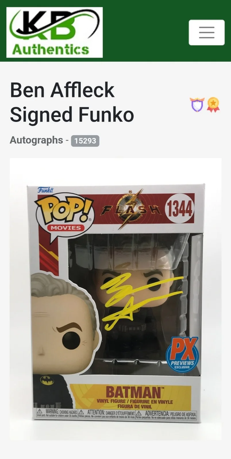 Ben Affleck — Ben Affleck Batman Autographed Funko PoP! #1344 With Pop Protector, image 2