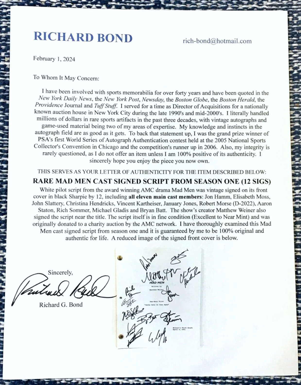 MAD MEN PILOT SCRIPT SIGNED by the ENTIRE 1st SEASON CAST-RARE & DESIRABLE w/COA, image 5