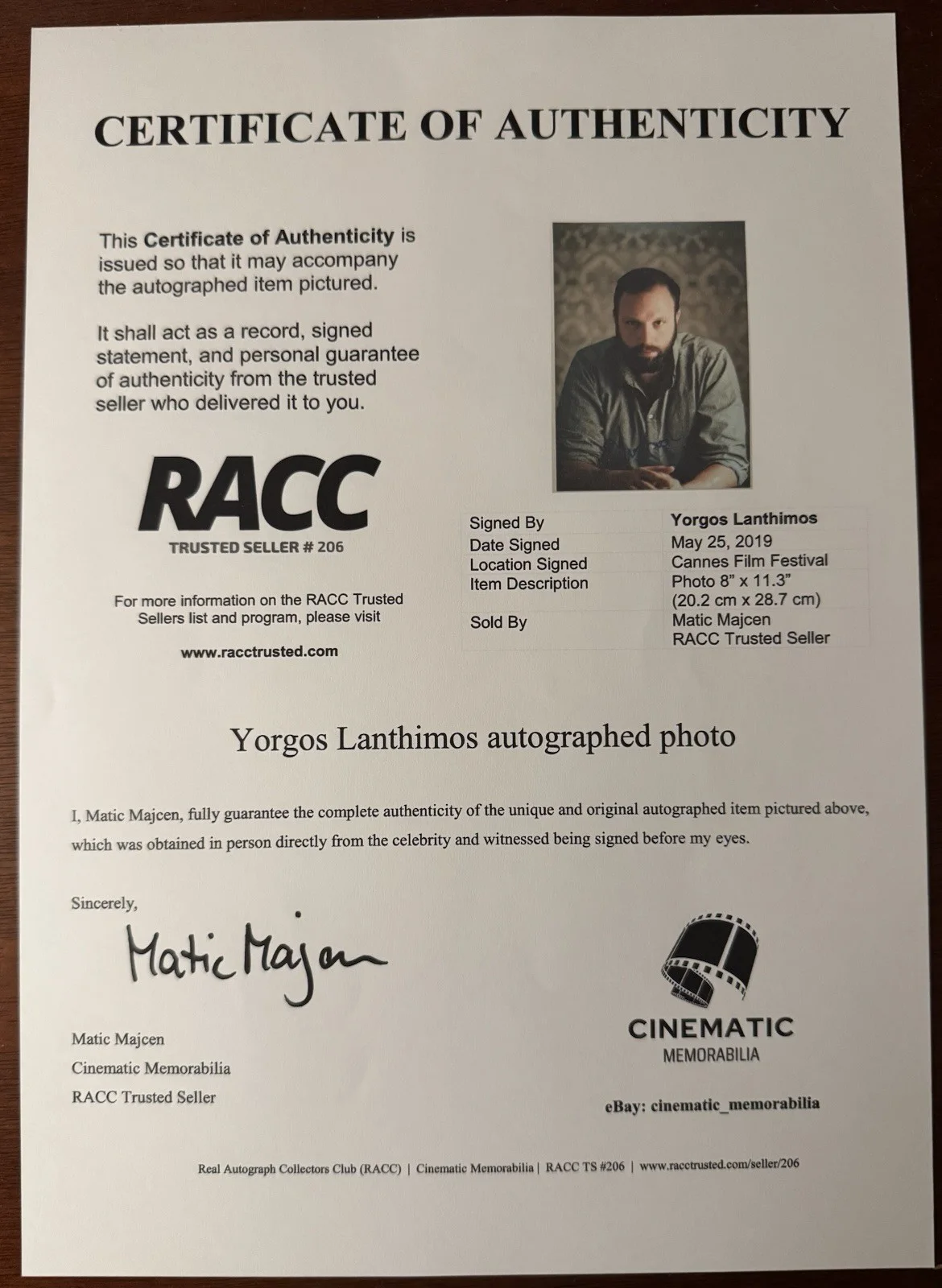 Yorgos Lanthimos Signed Photo 8x11.3 Autographed RACC The Lobster, image 2