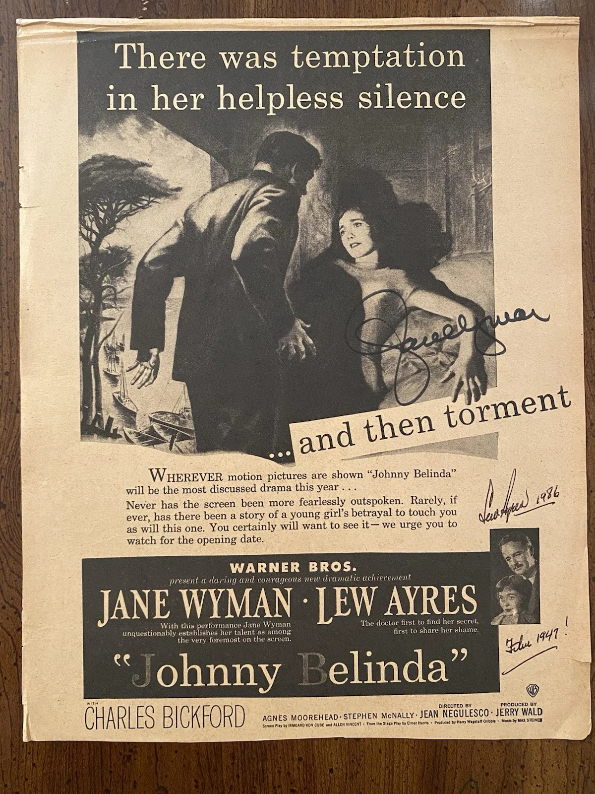 Jane Wyman, Lew Ayres — Jane Wyman Lew Ayres Signed Autographed Photo With COA Johnny Belinda