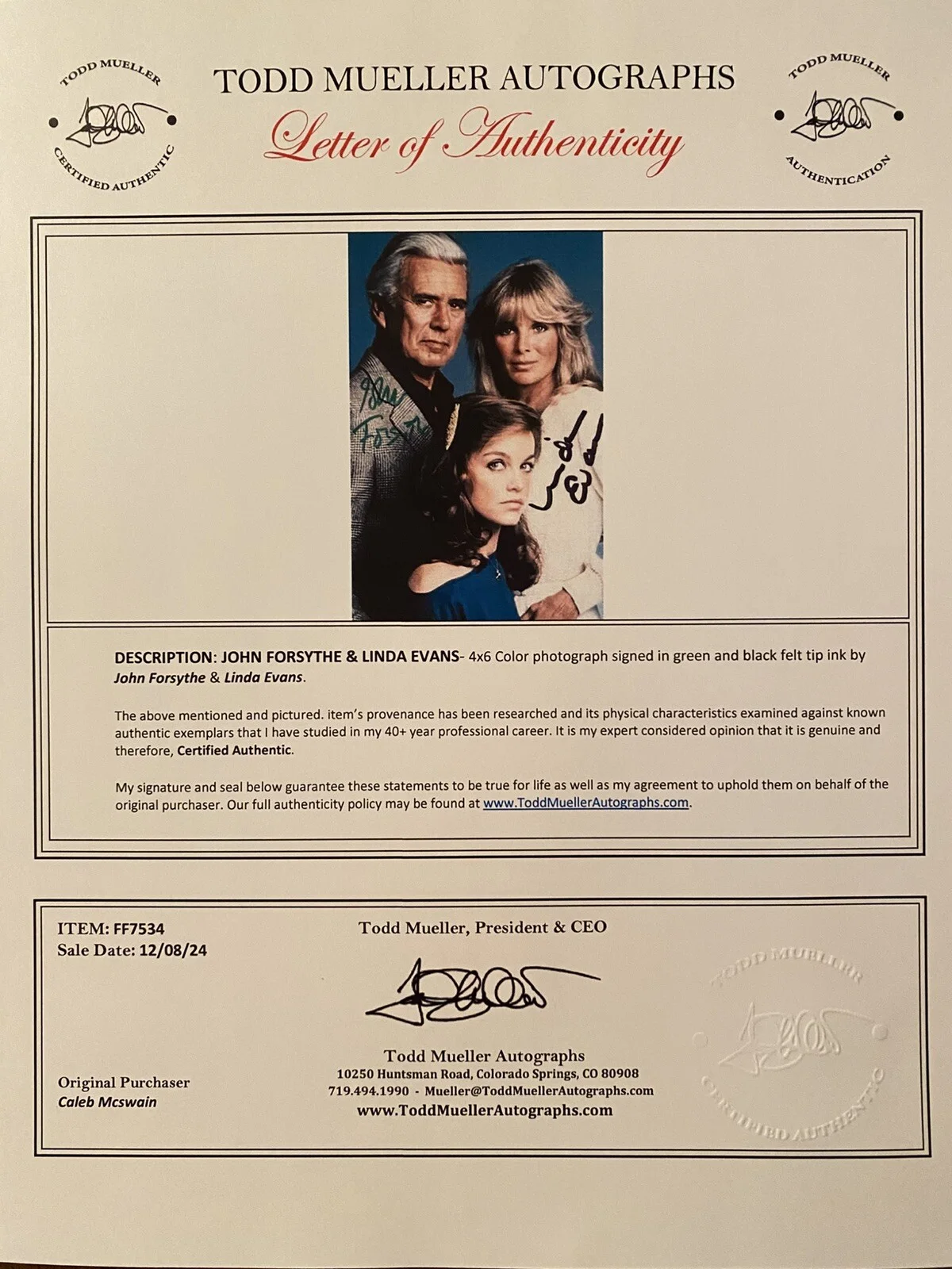 John Forsythe, Linda Evans — Dynasty Cast Signed Autographed Photo With COA John Forsythe Linda Evans Both, image 4