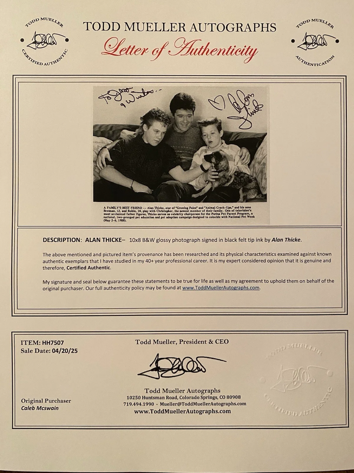 Alan Thicke — Alan Thicke Signed Autographed Photo With COA Growing Pains Dog Purina Pet Week, изображение 4