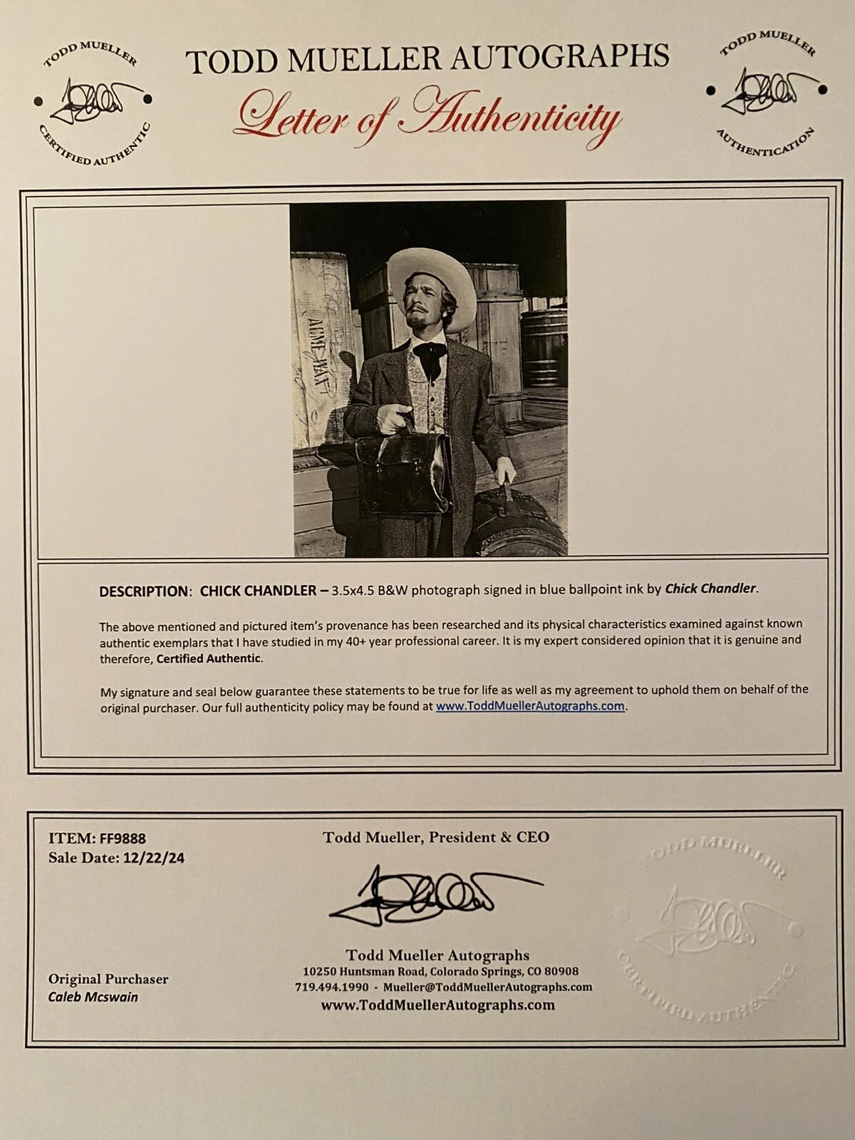 Chick Chandler — Chick Chandler Signed Autographed Photo Soldiers Of Fortune Bonanza I Love Lucy, изображение 3