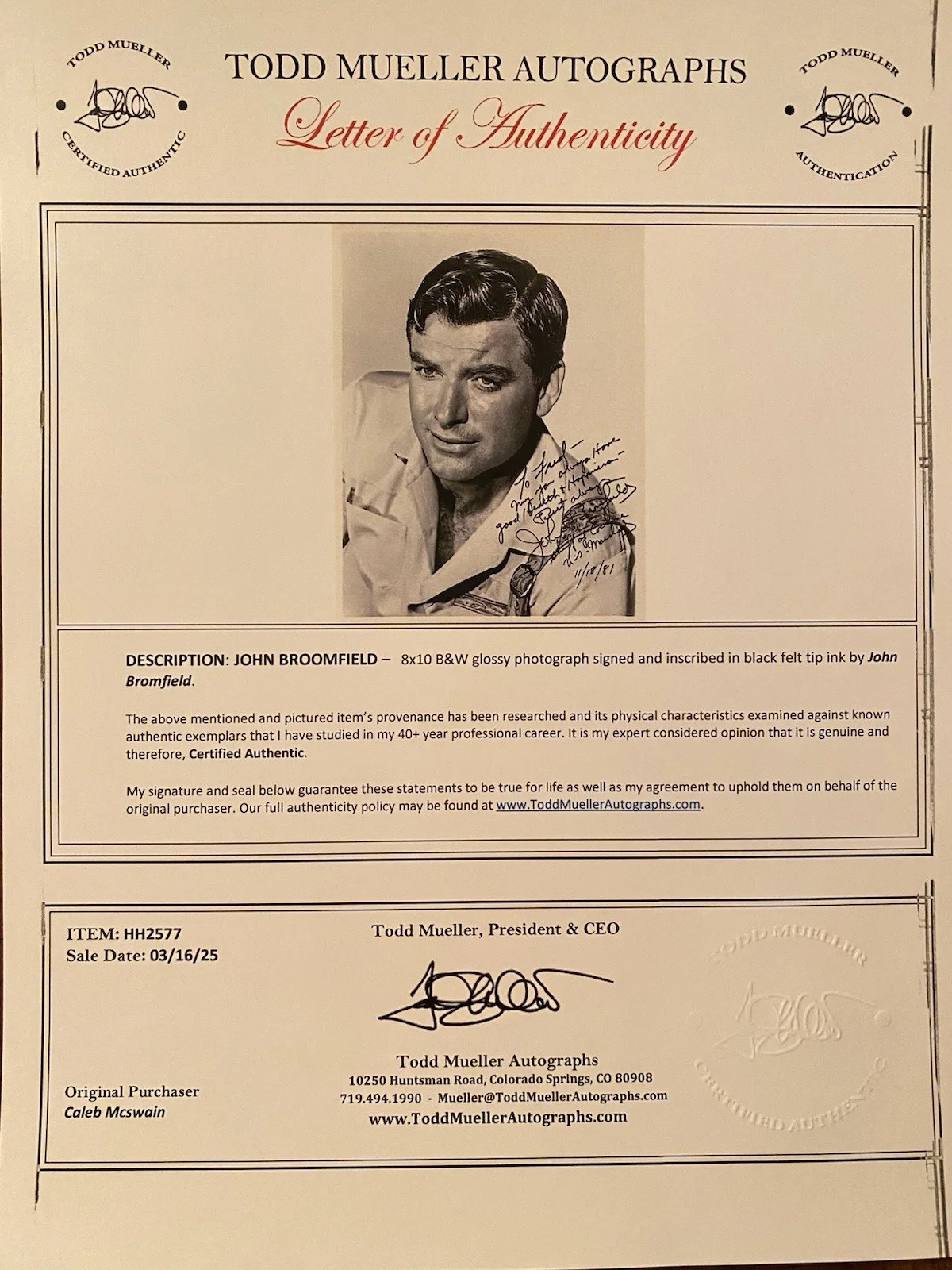 John Bromfield — John Bromfield Signed Autographed Photo With COA Sheriff Of Cochise U S Marsal, image 4