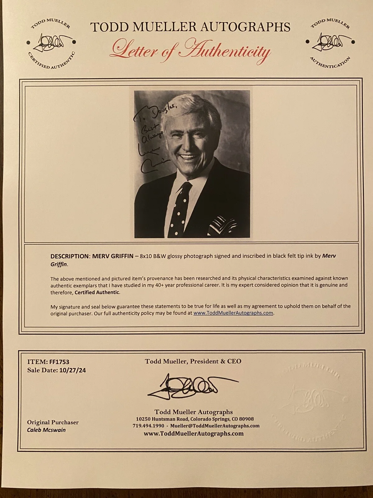 Merv Griffin — Merv Griffin Signed Autographed Photo With COA Merv Griffin Show Jeopardy Wheel, изображение 3