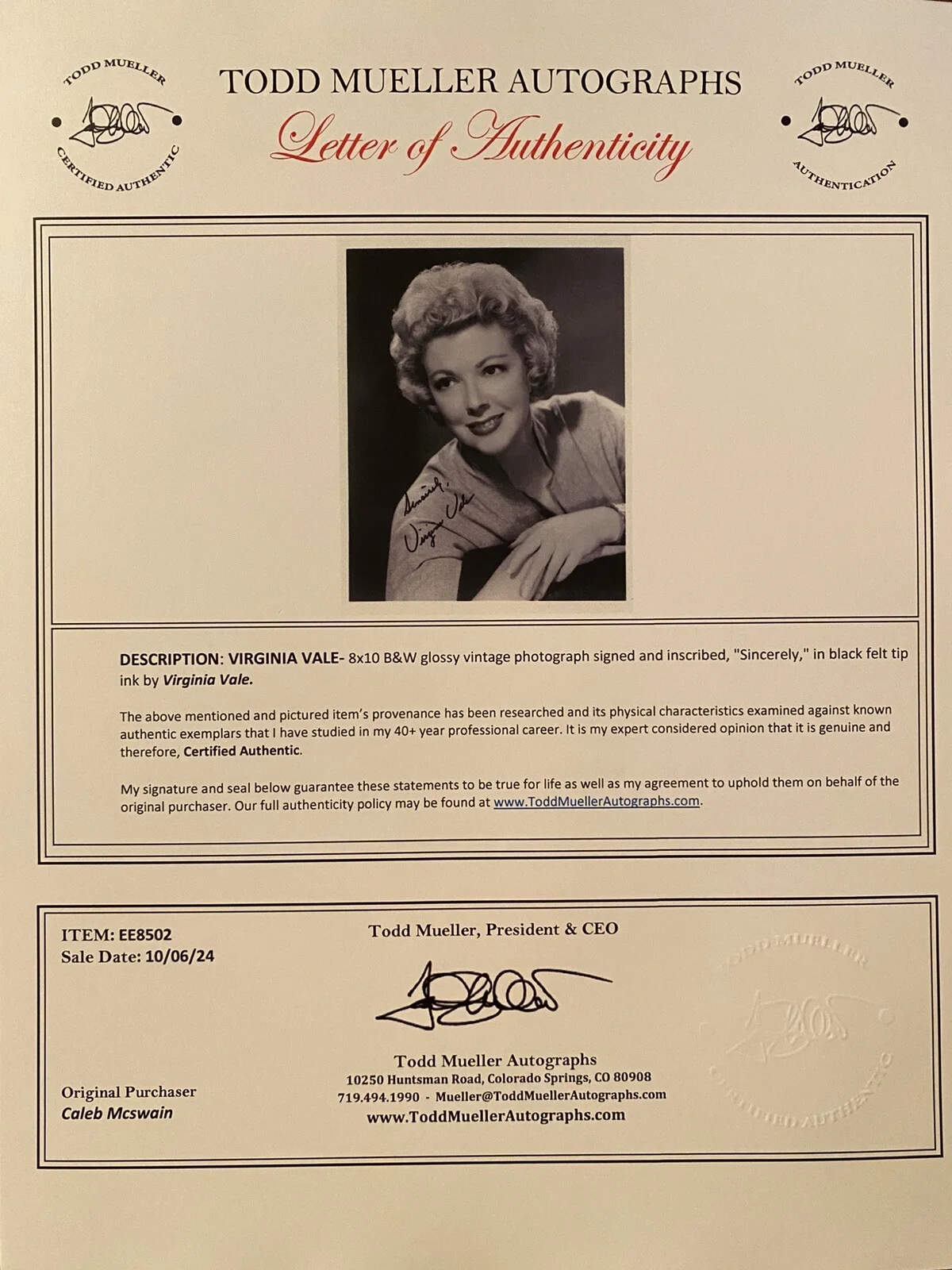 Virginia Vale — Virginia Vale Signed Autographed Photo With COA Blonde Comet King Of Alcatraz, изображение 3