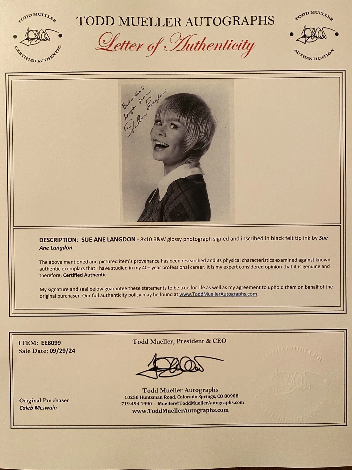 Sue Ane Langdon — Sue Ane Langdon Signed Autographed Photo With COA Andy Griffith Show Bonanza Etc, image 3