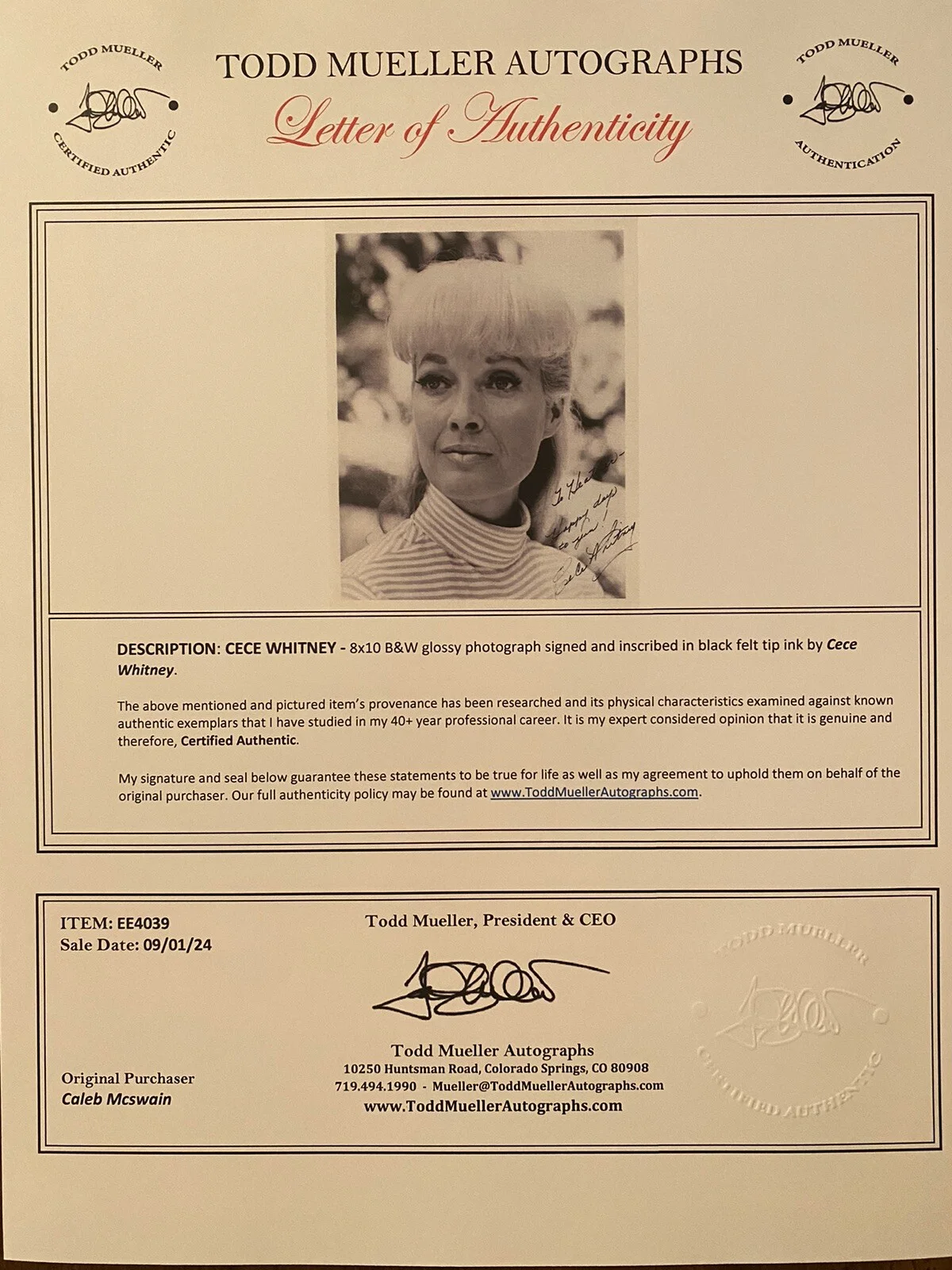 Cece Whitney, Ce Ce Whitney — Cece Whitney Signed Autographed Photo With COA Gunsmoke Bonanza Bullet For A Bad, image 3