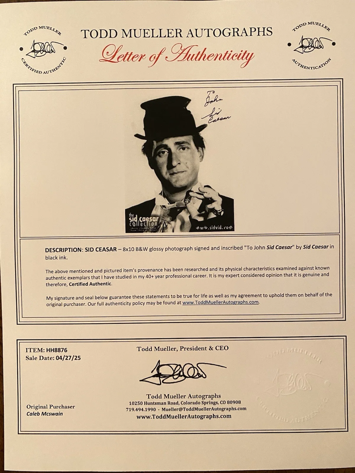 Sid Caesar — Sid Caesar Signed Autographed Photo With COA Your Show Of Shows Caesar’s Hour, image 4