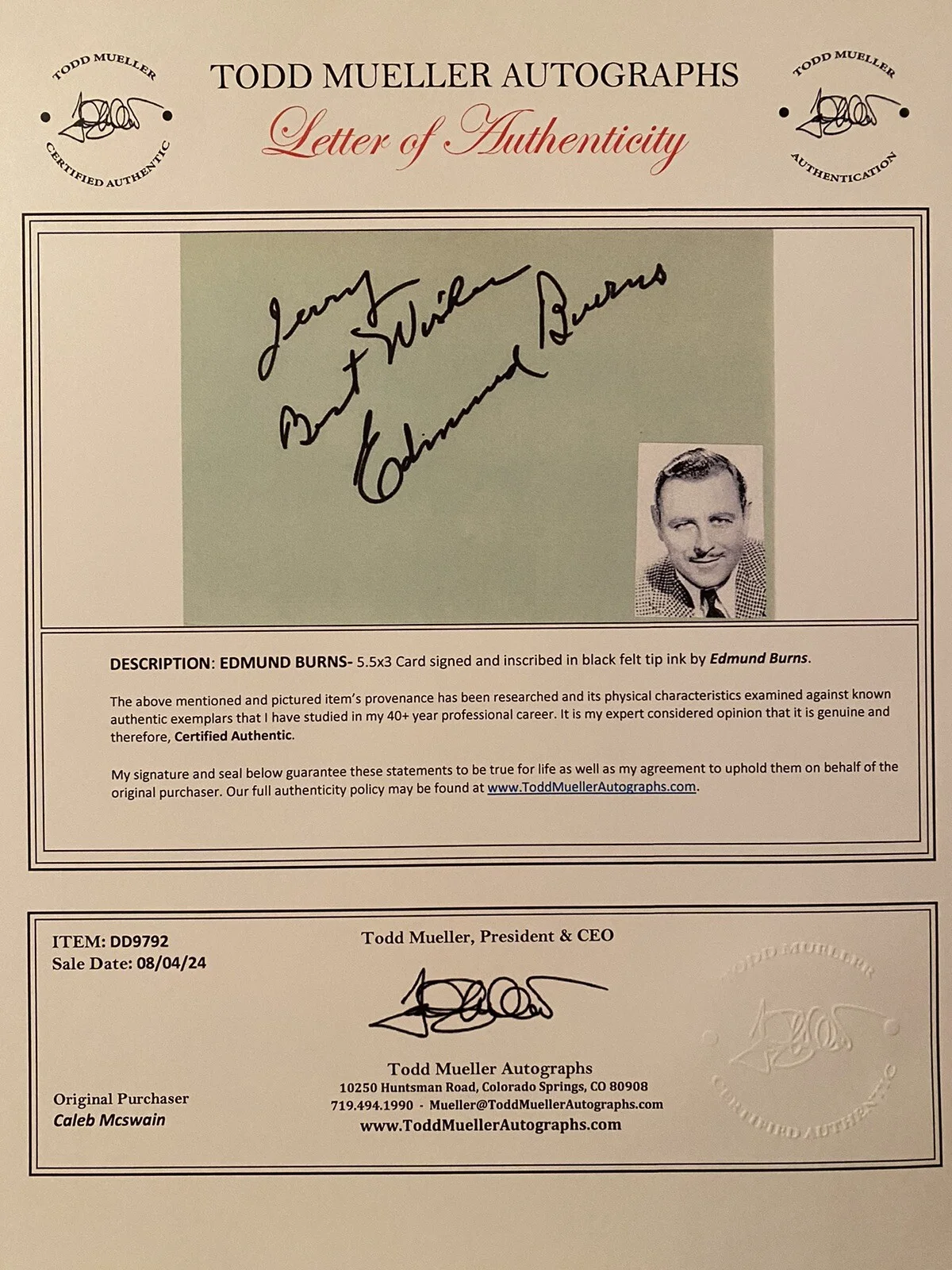 Edmund Burns — Edmund Burns Signed Autographed Card With COA It Happened One Night Cleopatra, image 3