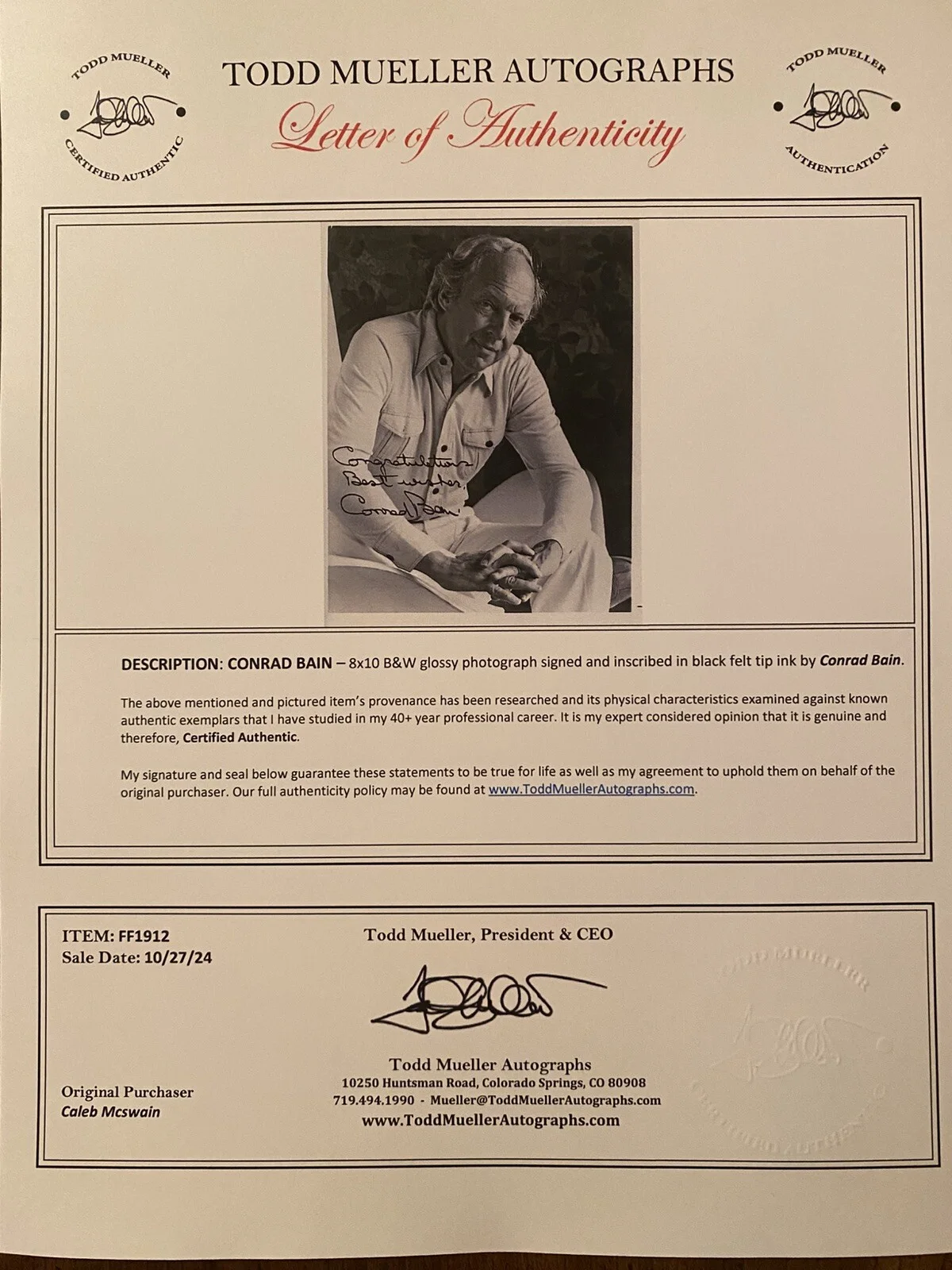 Conrad Bain — Conrad Bain Signed Autographed Photo With COA Diffrent Strokes Maude Mr Presiden, изображение 3