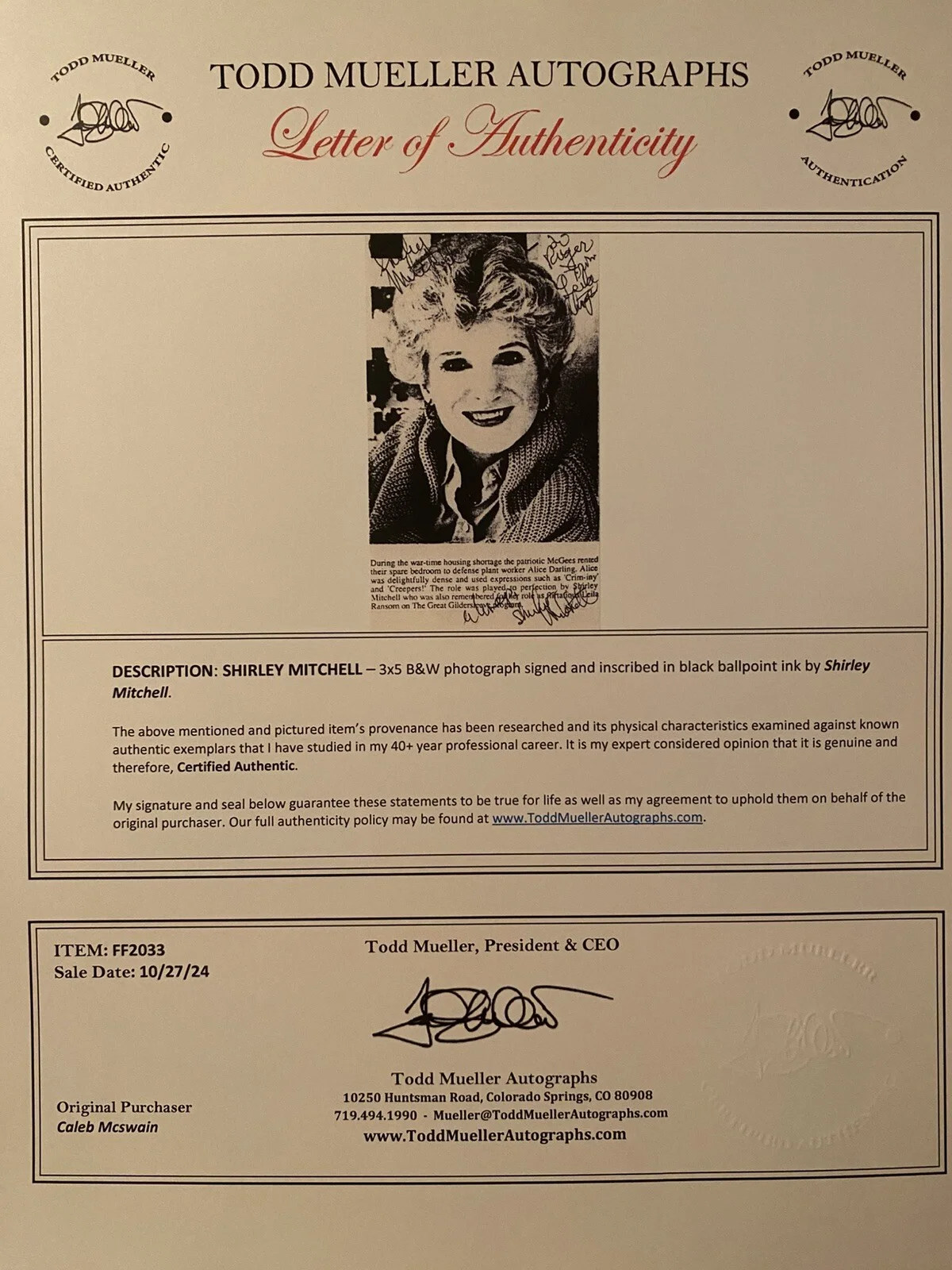 Shirley Mitchell — Shirley Mitchell Signed Autographed Photo With COA I Love Lucy Red Skelton Show, image 2