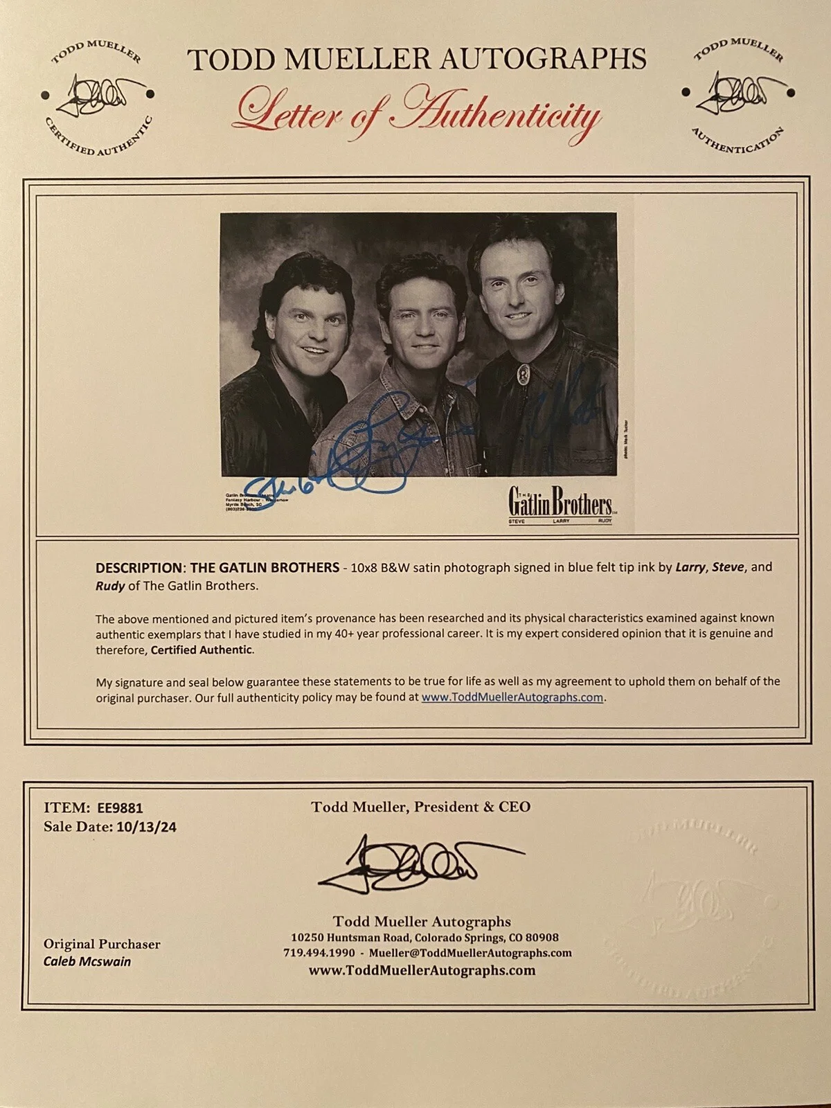 The Gatlin Brothers Signed Autographed Photo With COA All 3 Larry Rudy Steve, изображение 5