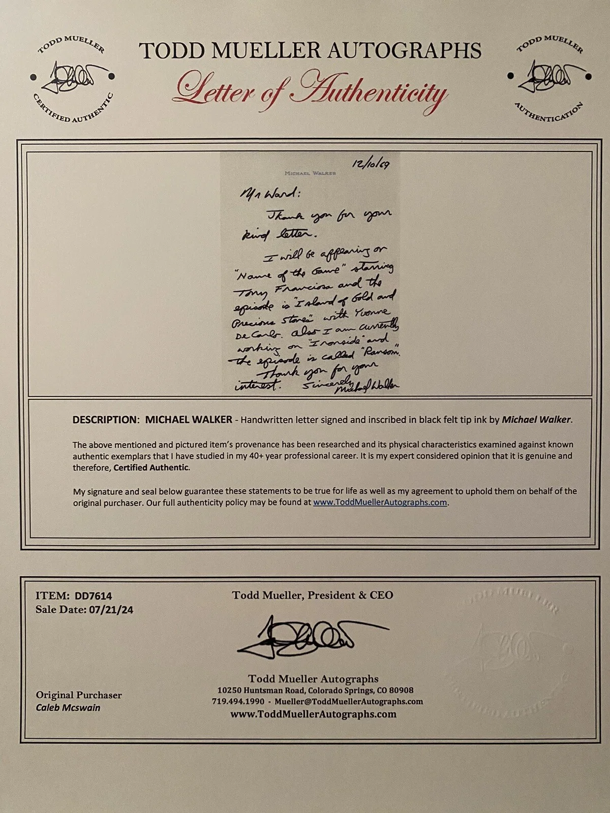 Michael Walker — Michael Walker Signed Handwritten Note With COA Perry Mason Ironside RARE, image 3