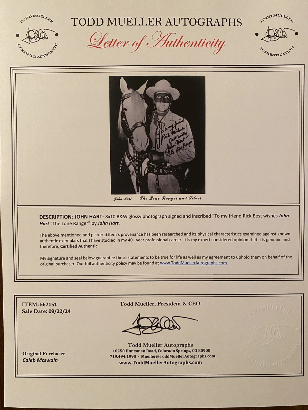 John Hart — John Hart Signed Autographed Photo With COA The Lone Ranger Rawhide I Love Lucy, изображение 3