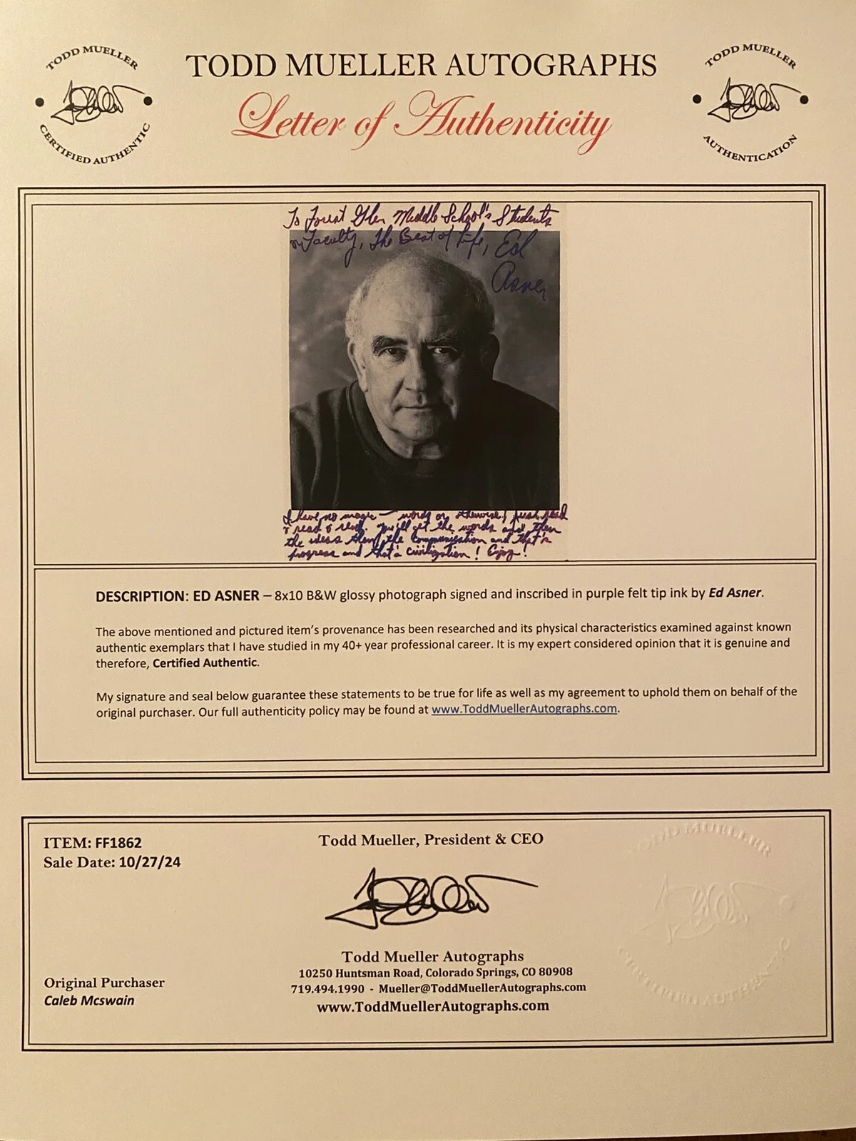Ed Asner — Ed Asner Signed Autographed Photo w COA Mary Tyler Moore Show Lou Grant Elf Up, image 3