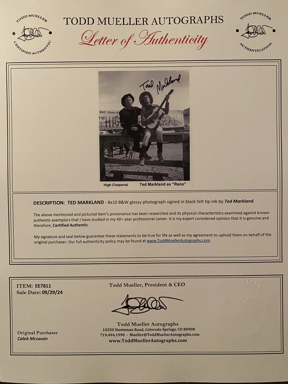 Ted Markland — Ted Markland Signed Autographed Photo With COA The High Chaparral Bonanza Etc, image 3
