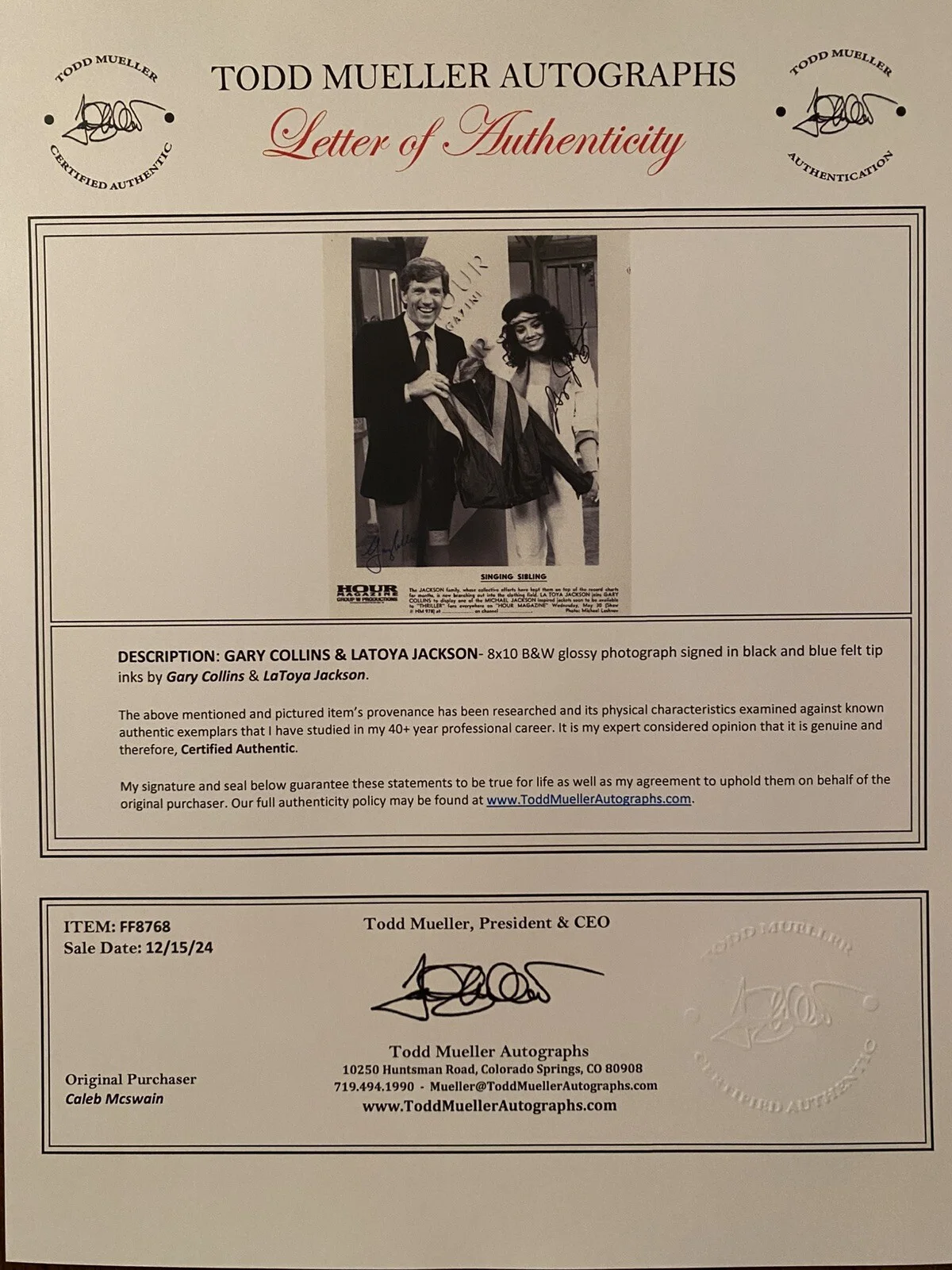 Gary Collins, Latoya Jackson — Gary Collins Latoya Jackson Signed Autographed Photo With COA Hour Magazine RARE, image 4