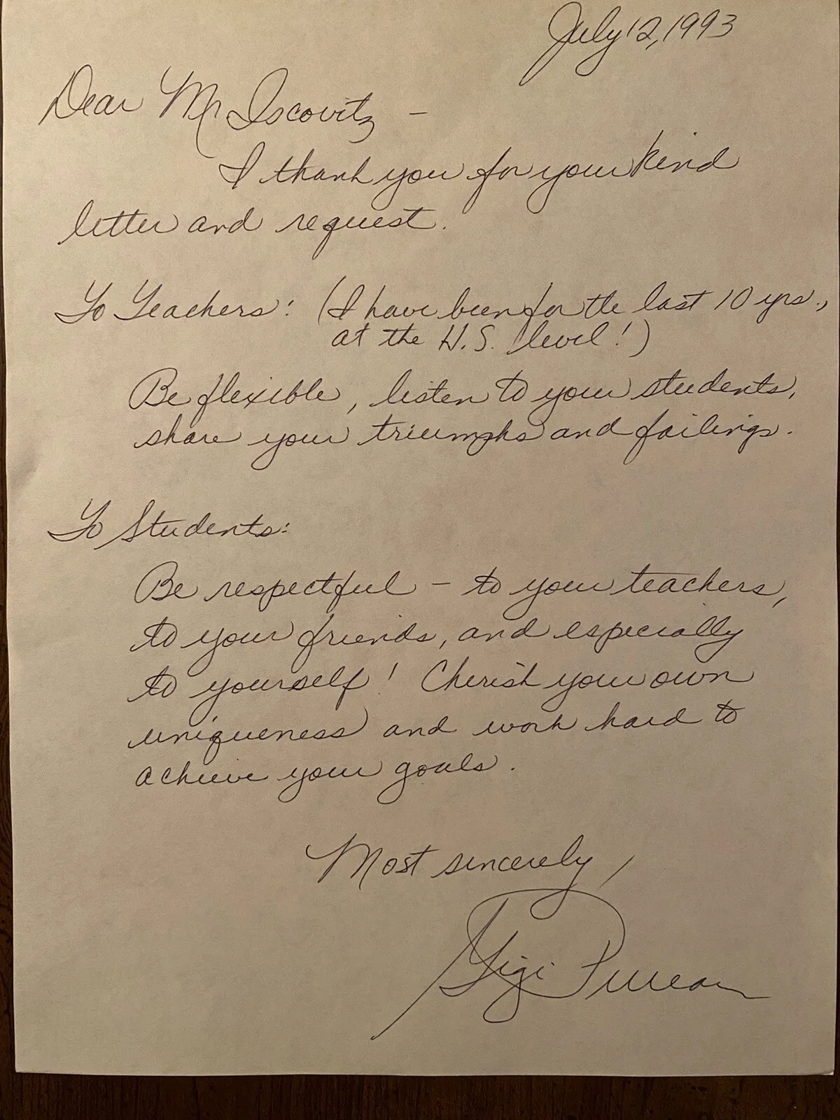 Gigi Perreau — Gigi Perreau Signed Autographed Handwritten Letter With COA Advice Students