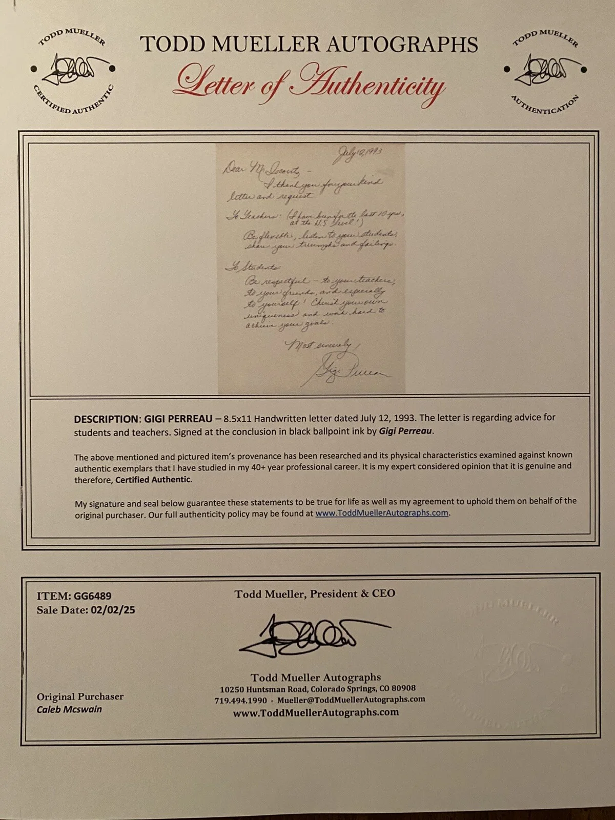 Gigi Perreau — Gigi Perreau Signed Autographed Handwritten Letter With COA Advice Students, image 4