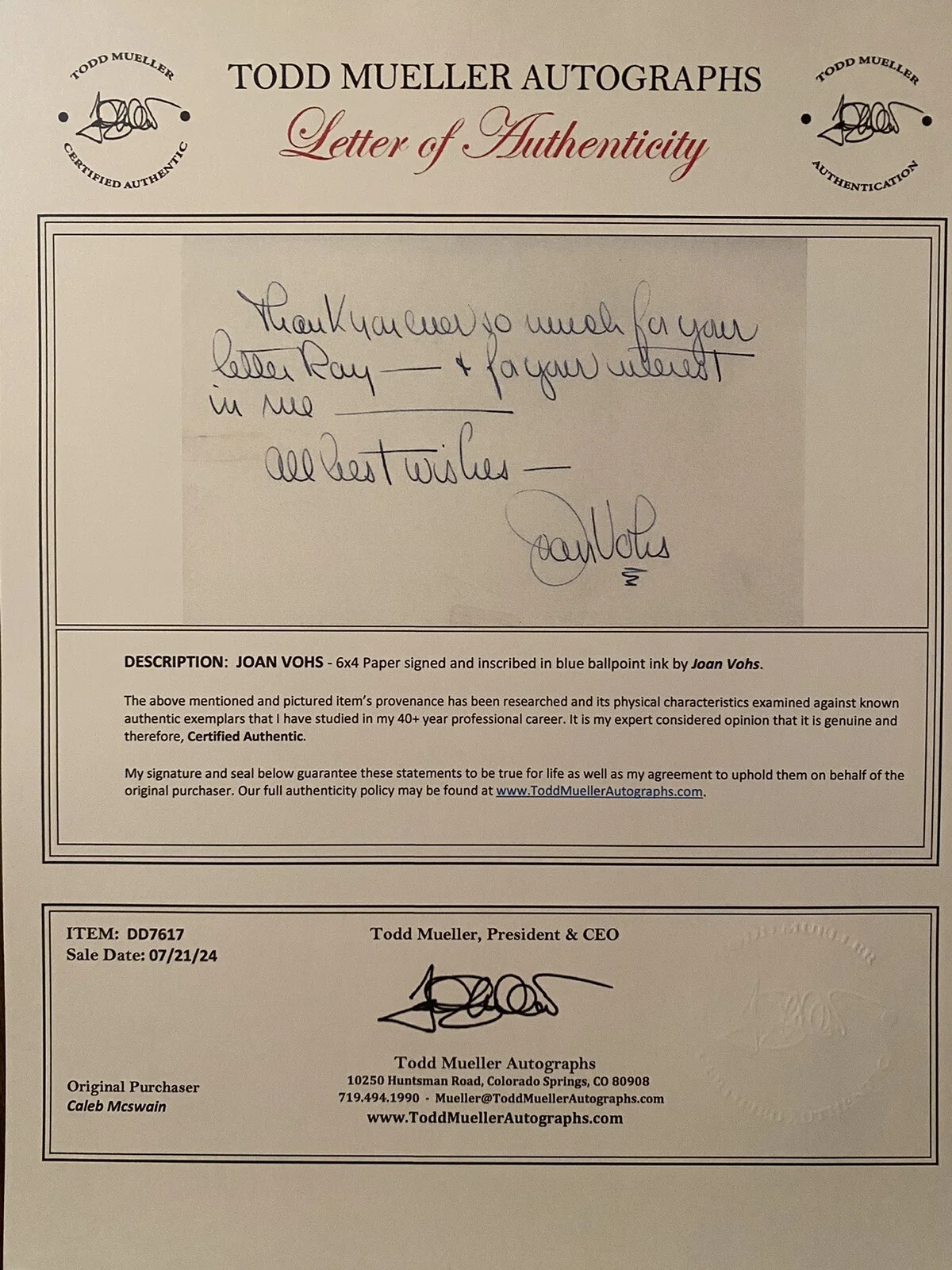 Joan Vohs — Joan Vohs Signed Autographed Note With COA Sabrina Royal Wedding My Three Sons, image 3
