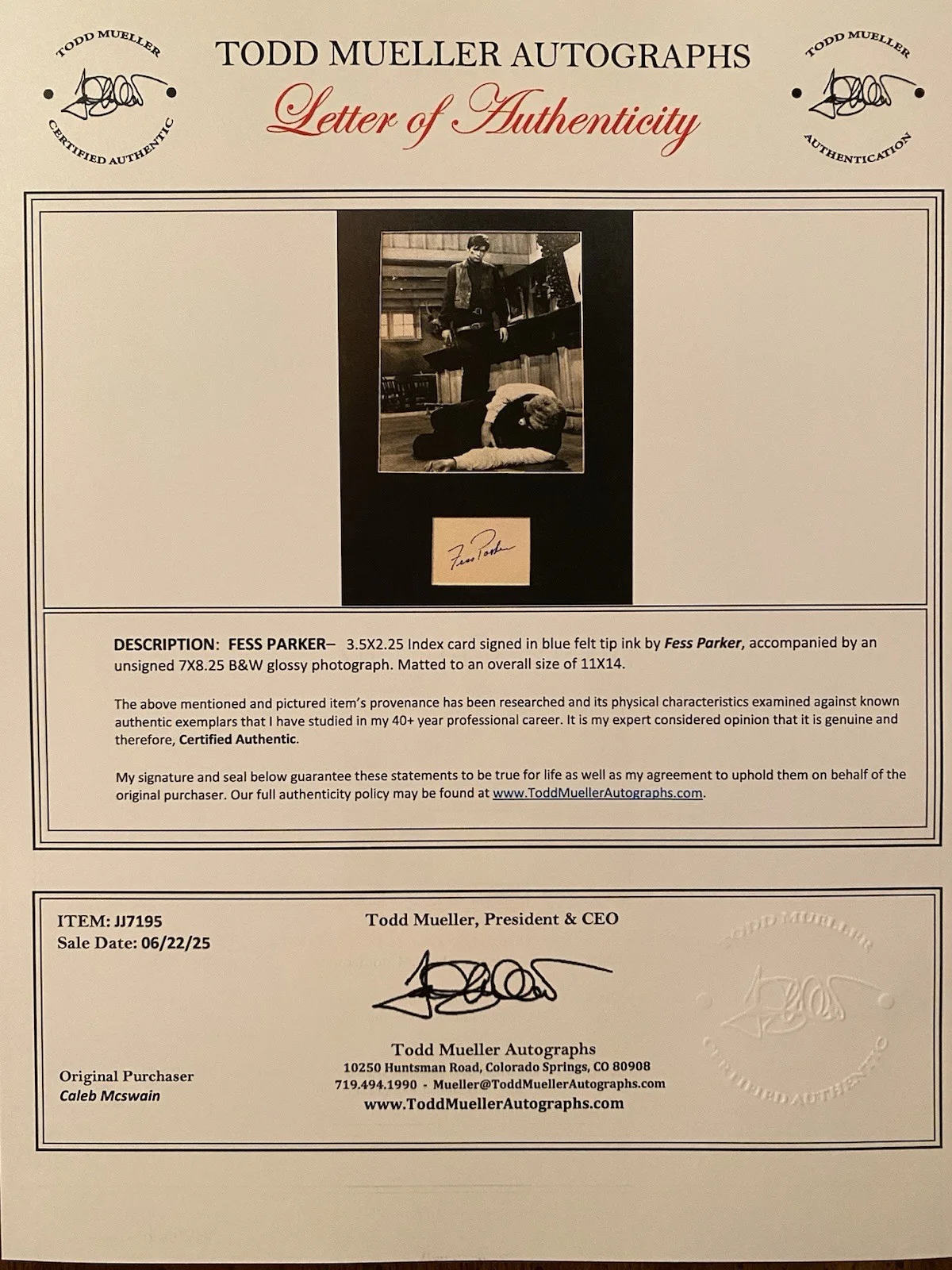 Fess Parker — Fess Parker Signed Autographed 11x14 Photo Index Matted With COA The Jayhawkers, изображение 5
