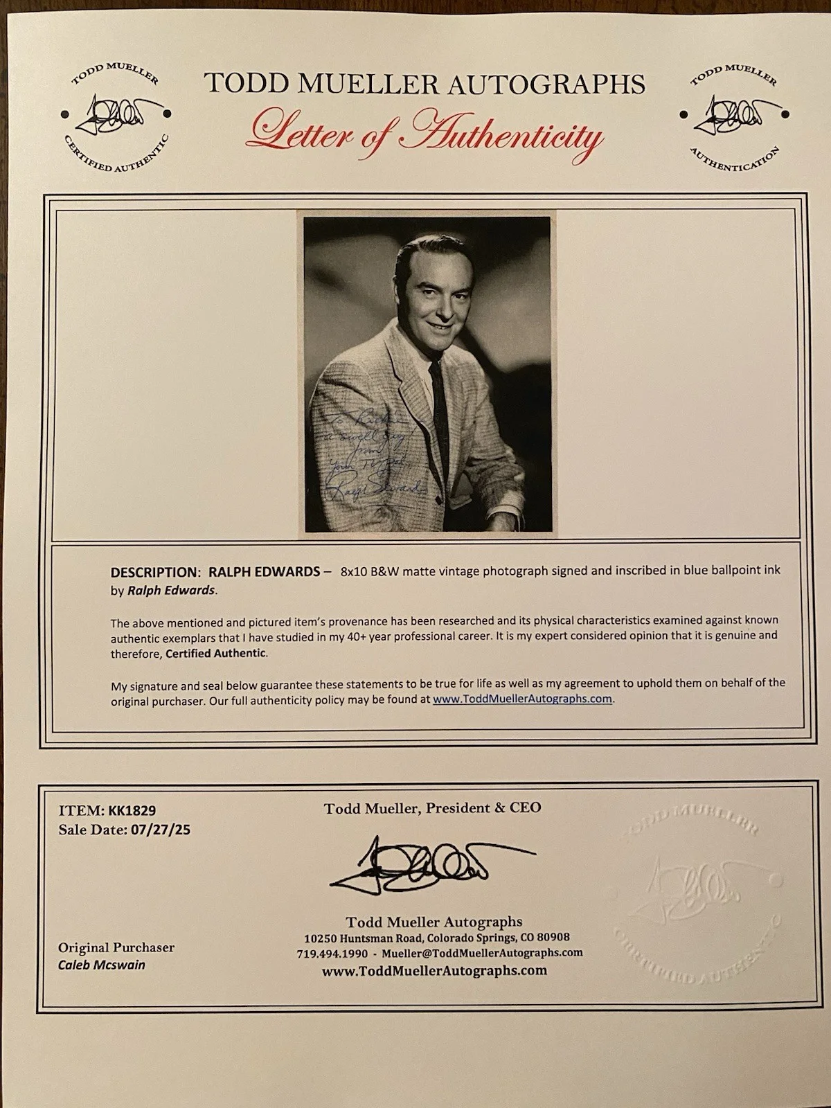 Ralph Edwards — Ralph Edwards Signed Autographed Photo With COA This Is Your Life Truth Or Conse, image 4