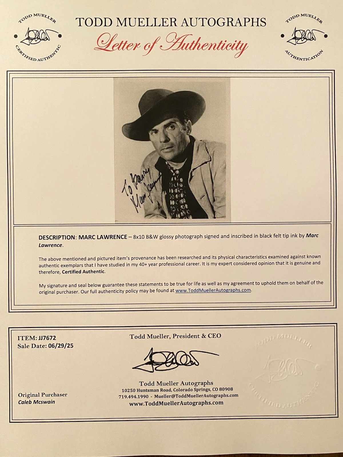 Marc Lawrence — Marc Lawrence Signed Autographed Photo With COA The Ox Bow Incident Shepherd Of, image 4