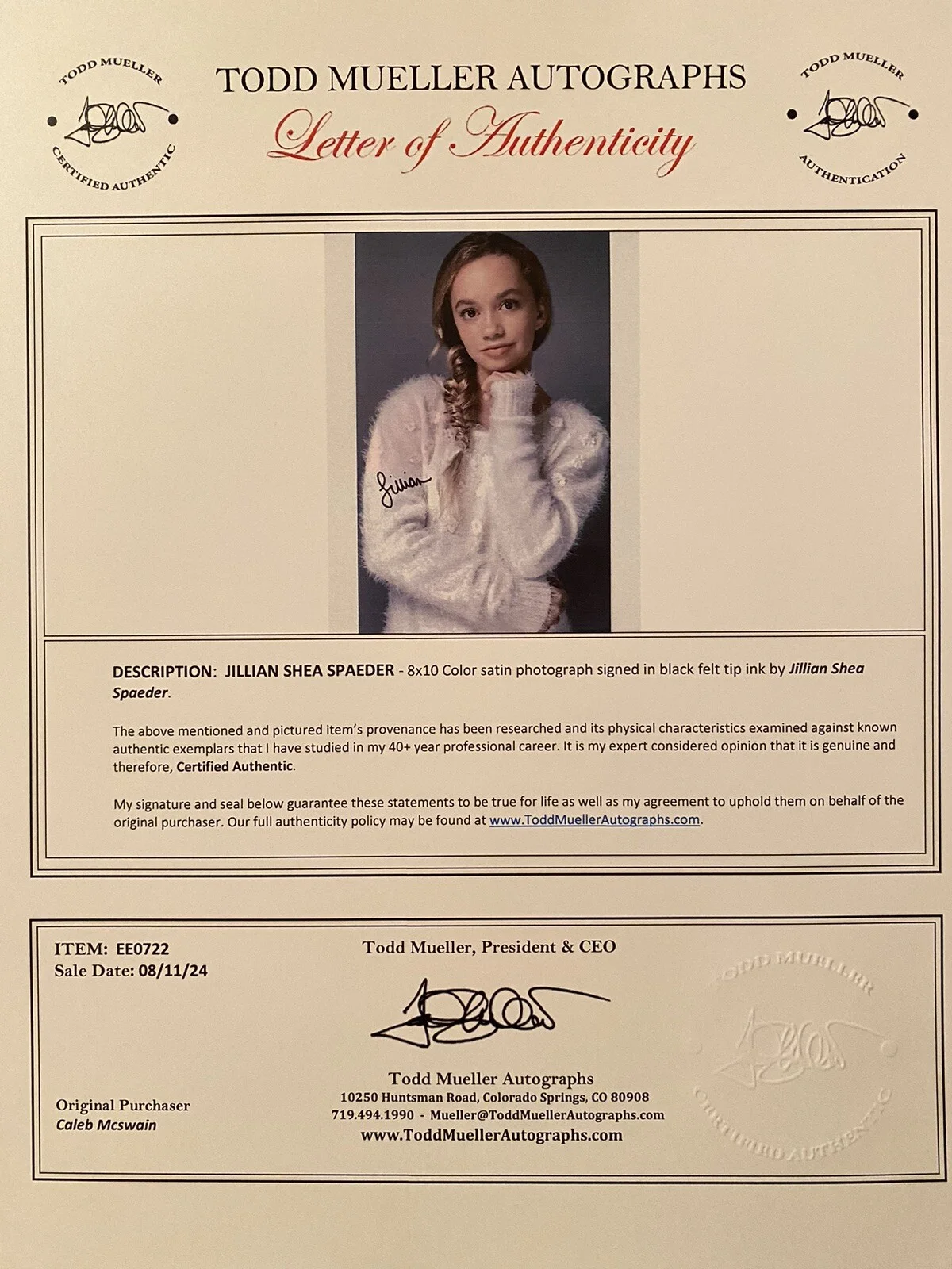 Jillian Shea Spaeder — Jillian Shea Spaeder Signed Autographed Photo w/ COA Walk The Prank Godmothered, image 3