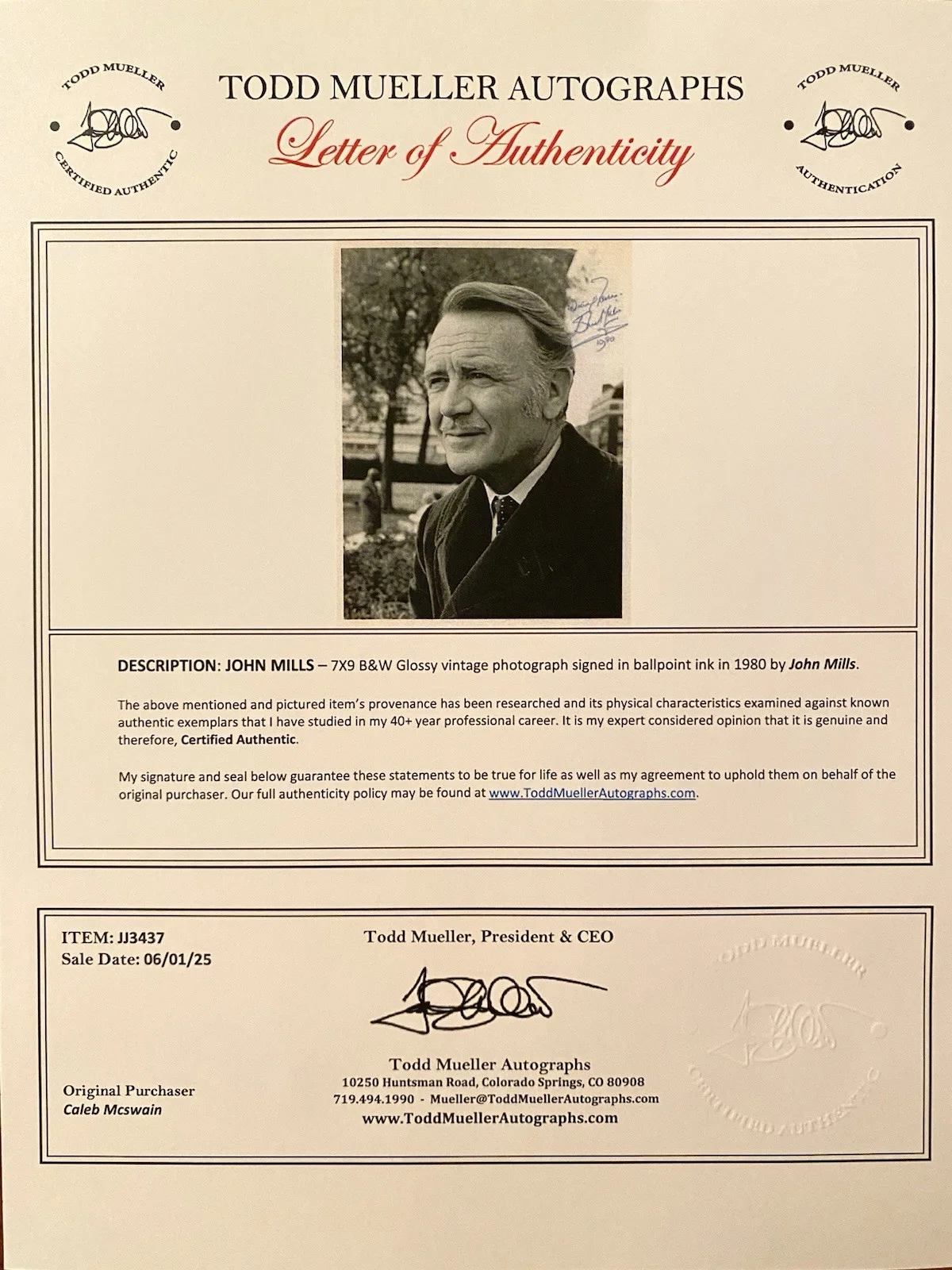 John Mills — John Mills Signed Autographed Photo With COA Swiss Family Robinson Dunkirk Etc, изображение 4