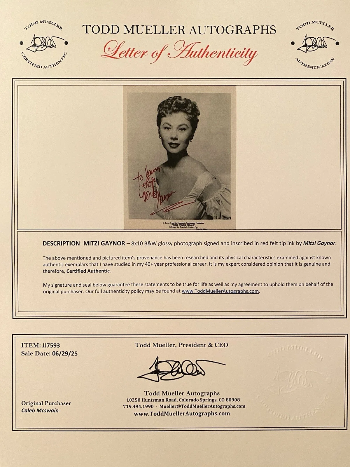 Mitzi Gaynor — Mitzi Gaynor Signed Autographed Photo With COA Three Young Texans South Pacific, изображение 4