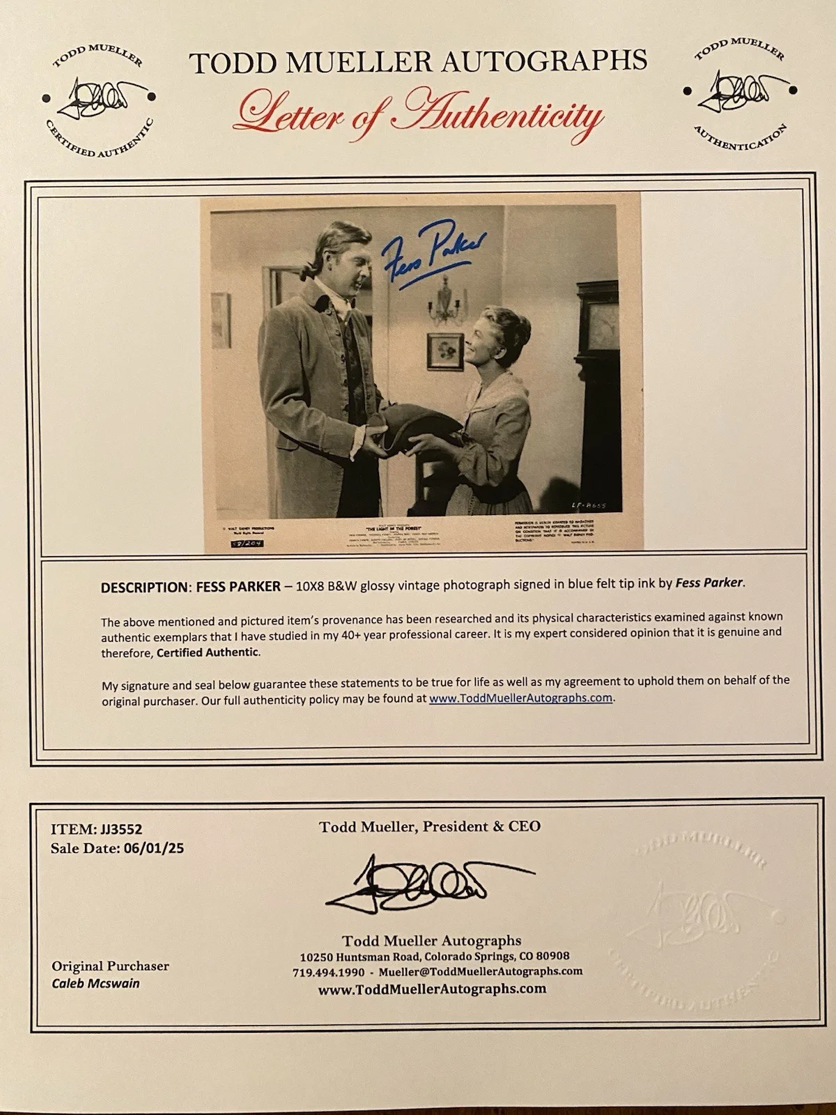 Fess Parker — Fess Parker Signed Autographed Vintage Photo With COA The Light In The Forest, image 4