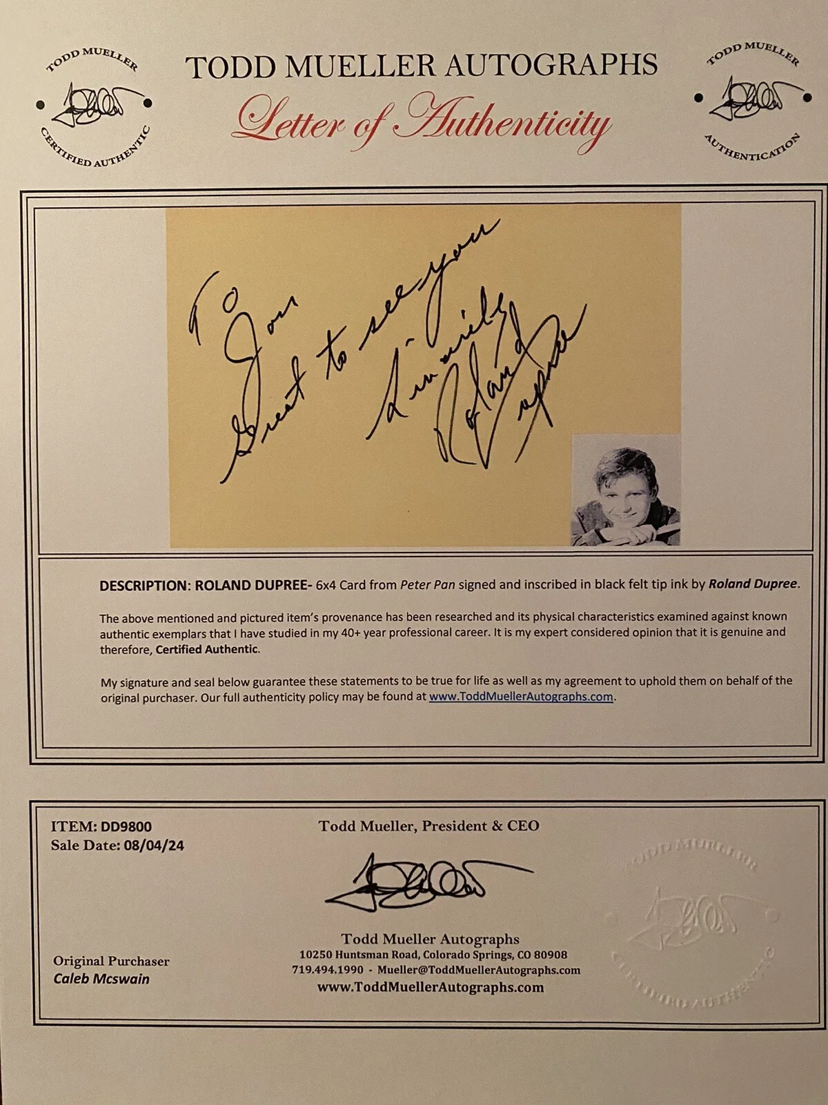 Roland Dupree — Roland Dupree Signed Autographed Card With COA Peter Pan Miss Annie Rooney, изображение 3