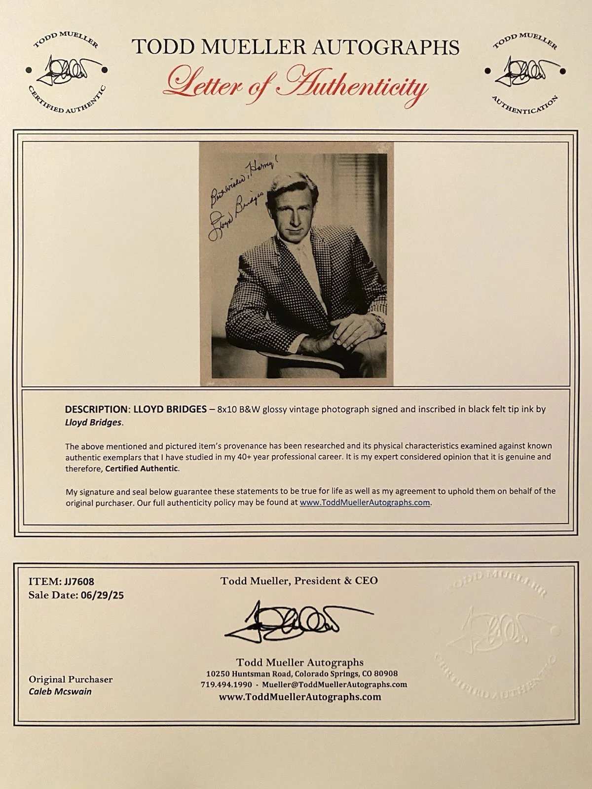 Lloyd Bridges — Lloyd Bridges Signed Autographed Photo With COA Sea Hunt High Noon Etc, изображение 4