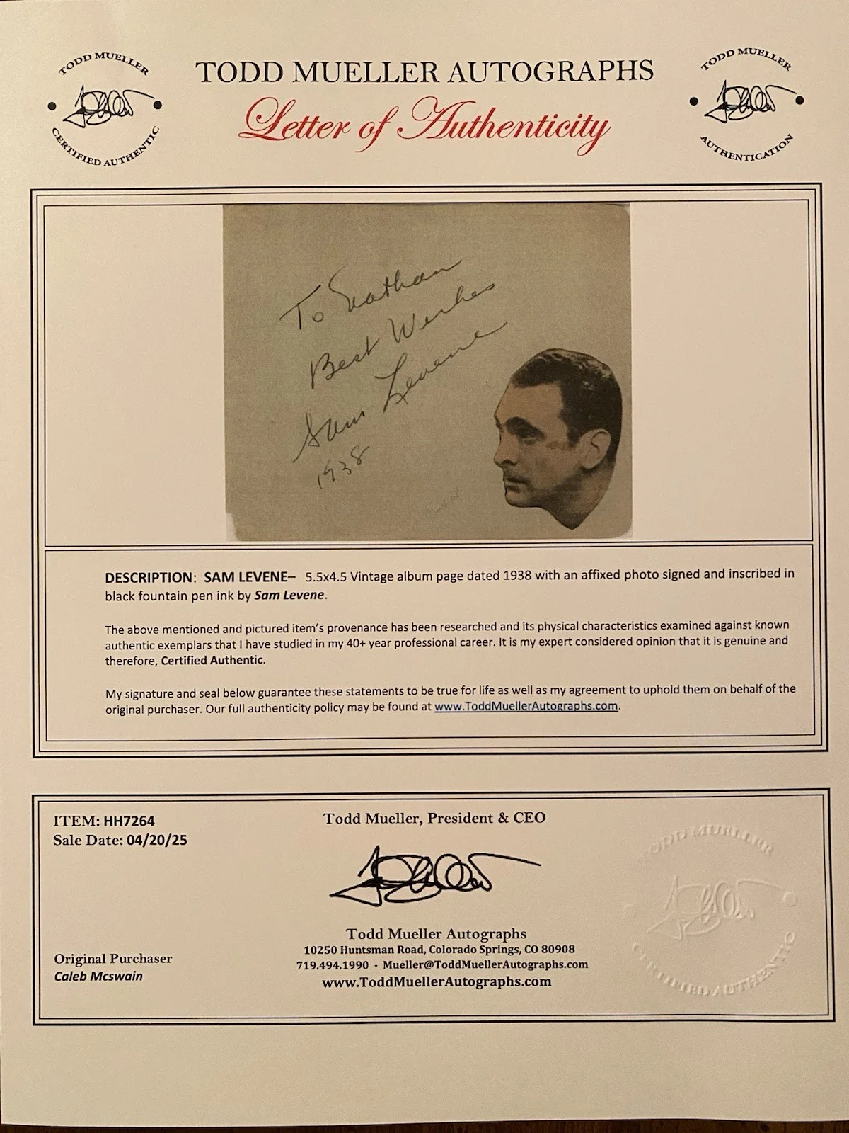Sam Levene — Sam Levene Signed Autographed Vintage Album Page With COA The Thin Man Crossfire, image 4