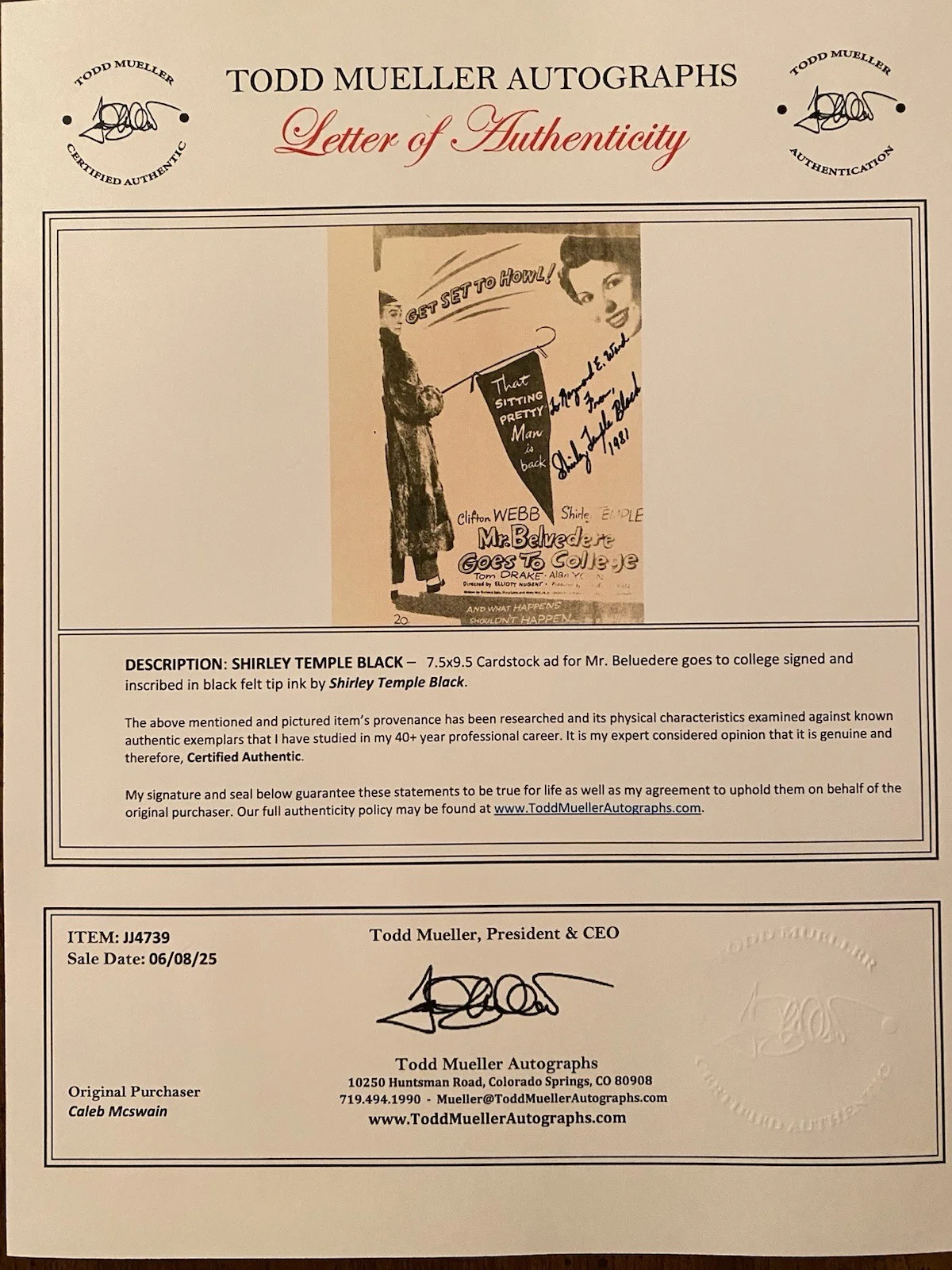 Shirley Temple, Shirley Temple Black — Shirley Temple Black Signed Autographed Ad w COA Mr Belvedere Goes To College, image 4