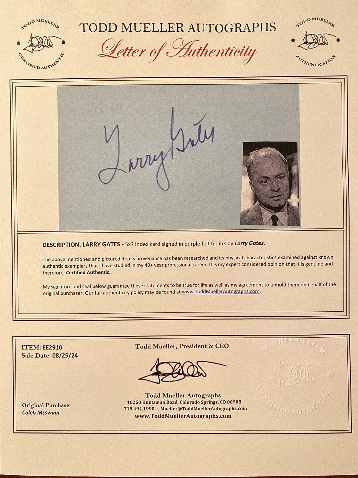 Larry Gates — Larry Gates Signed Autograph With COA Twilight Zone In The Heat Of The Night Etc, изображение 3