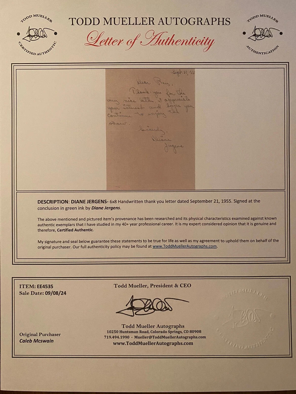 Diane Jergens — Diane Jergens Signed Autographed Letter With COA Ozzie And Harriet Bob Cummings, изображение 3