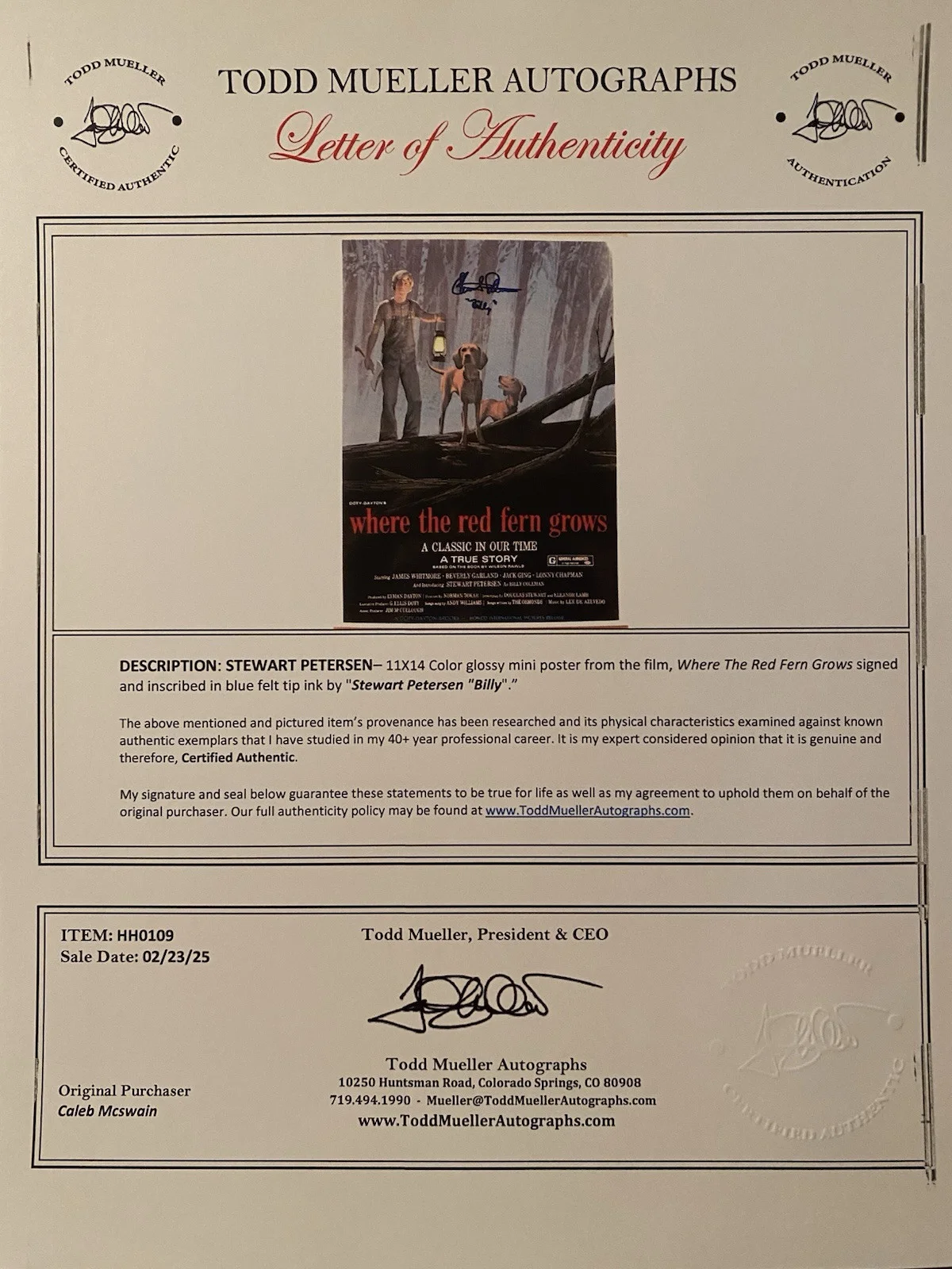 Stewart Petersen — Stewart Petersen Signed Autographed Poster With COA Where The Red Fern Grows, изображение 4