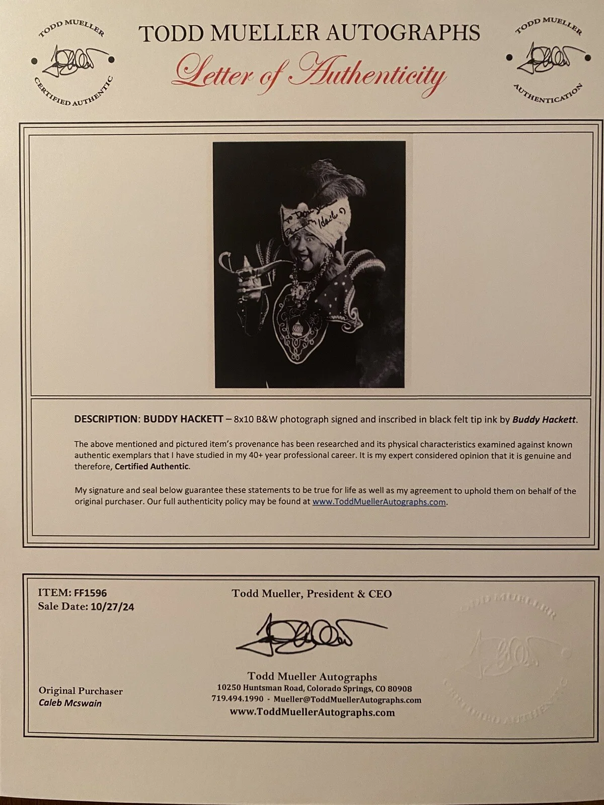 Buddy Hackett — Buddy Hackett Signed Autographed Photo With COA LOA Love Bug The Little Mermaid, изображение 3