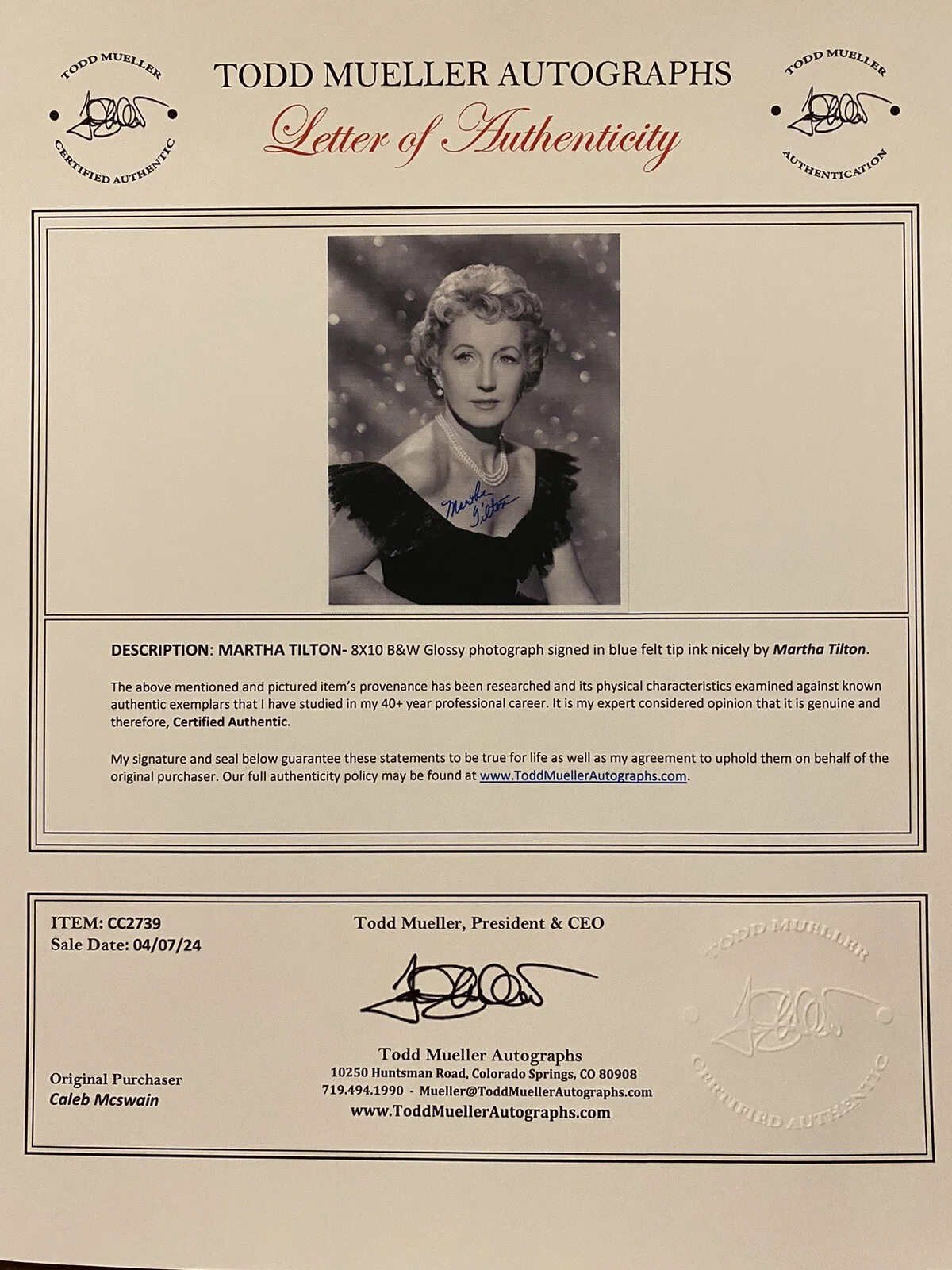 Martha Tilton Signed Autographed Photo Singer With COA And The Angels Sing, изображение 3