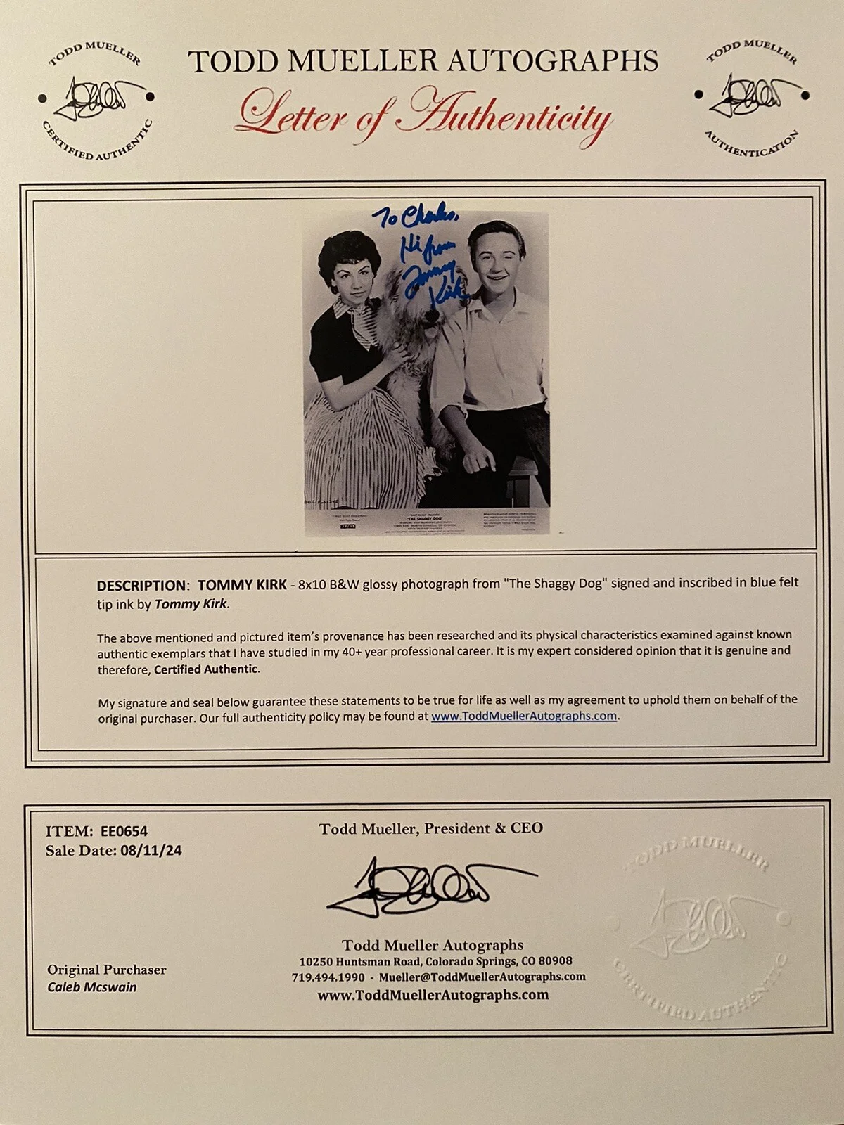Tommy Kirk — Tommy Kirk Signed Autographed Photo With COA The Shaggy Dog Old Yeller Etc, изображение 3