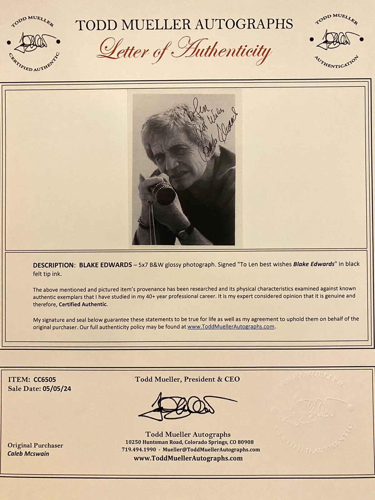 Blake Edwards — Director Blake Edwards Signed Autographed Photo With COA LOA The Pink Panther, изображение 3