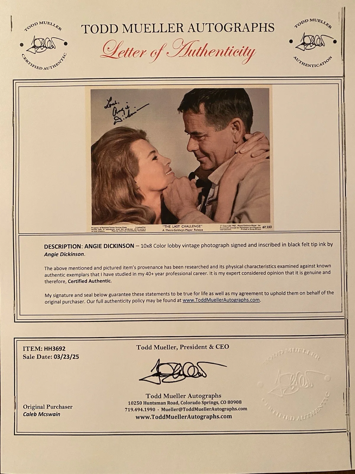 Angie Dickinson — Angie Dickinson Signed Autographed Vintage Photo With COA The Last Challenge, изображение 4