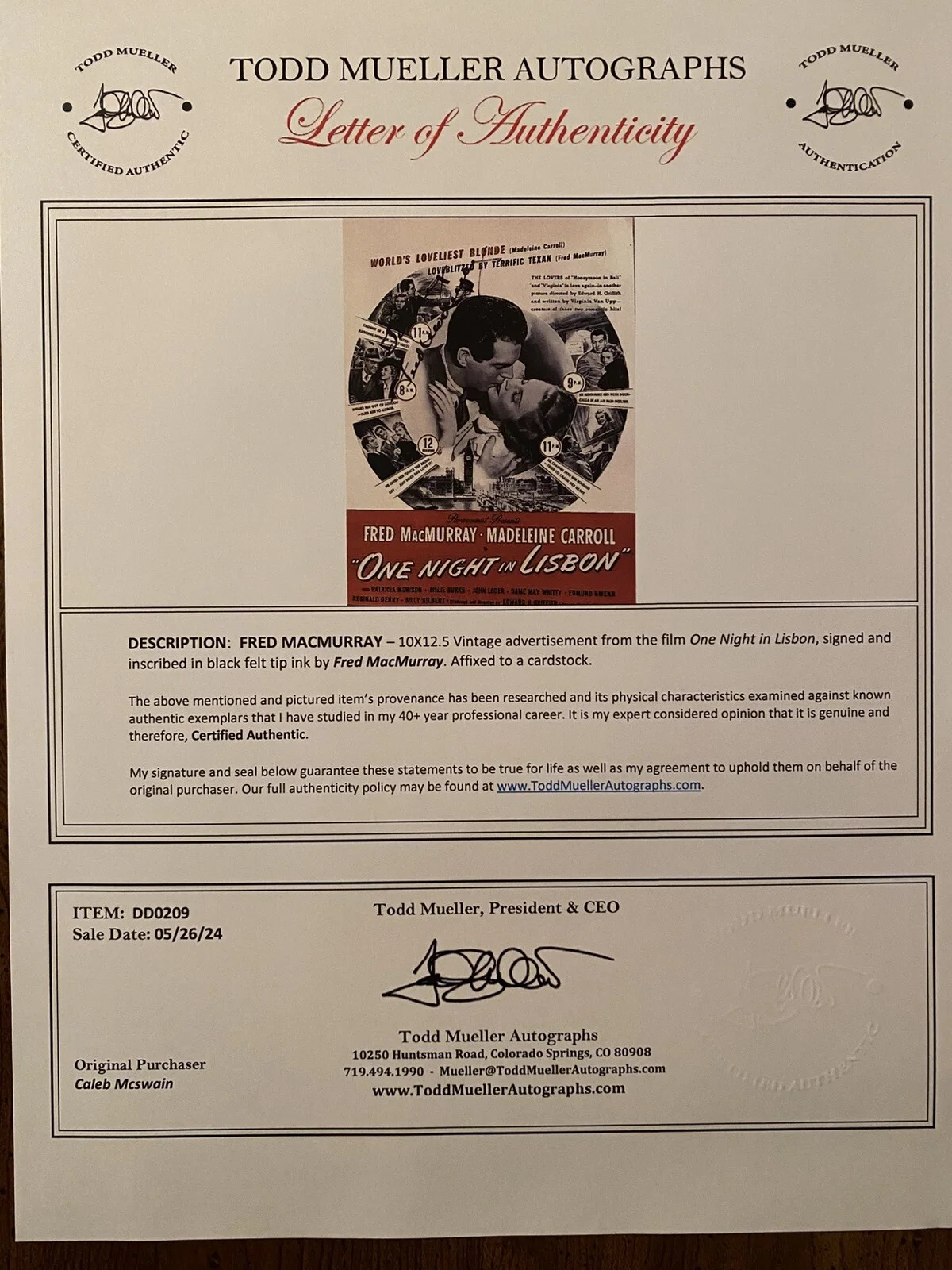 Fred MacMurray — Fred Macmurray Signed Autographed Poster With COA One Night In Lisbon RARE, image 3