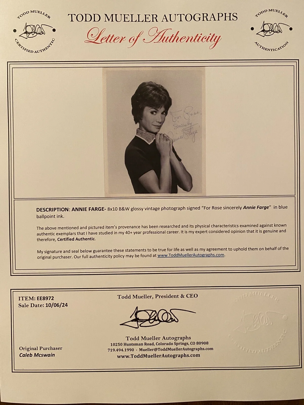 Annie Fargue, Annie Farge — Annie Fargue Farge Signed Autographed Photo With COA Angel Perry Mason Rifleman, изображение 3