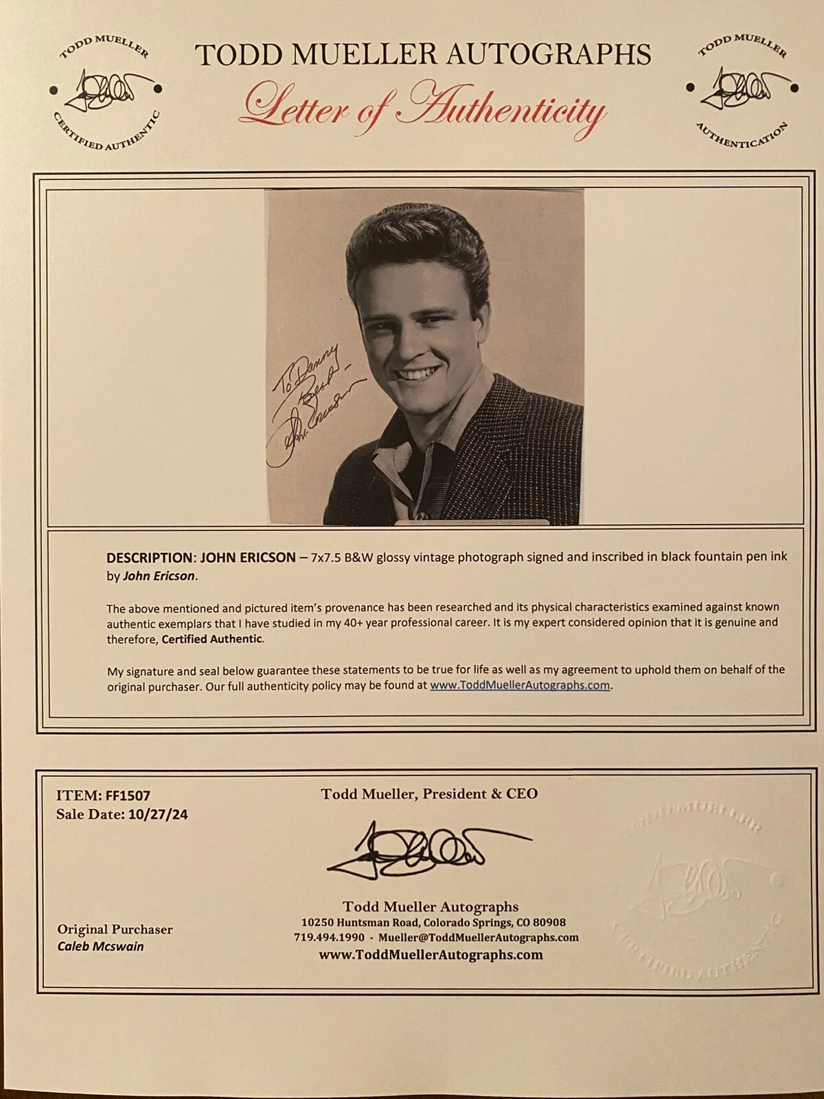 John Ericson — John Ericson Signed Autographed Photo With COA Honey West Bonanza Gunsmoke Etc, image 3