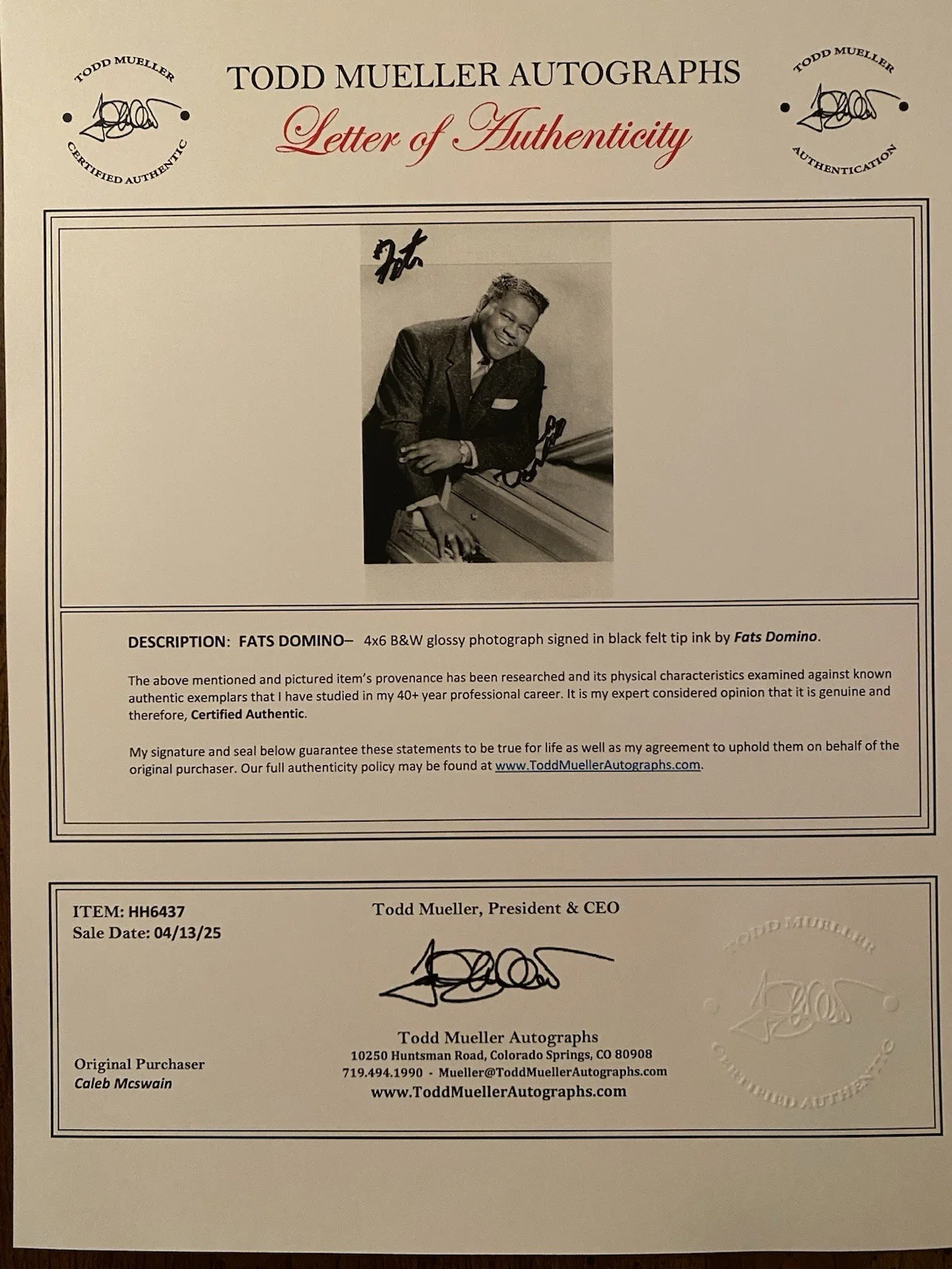 Fats Domino Signed Autographed Photo With COA The Fat Man Rock And Roll Singer, изображение 5