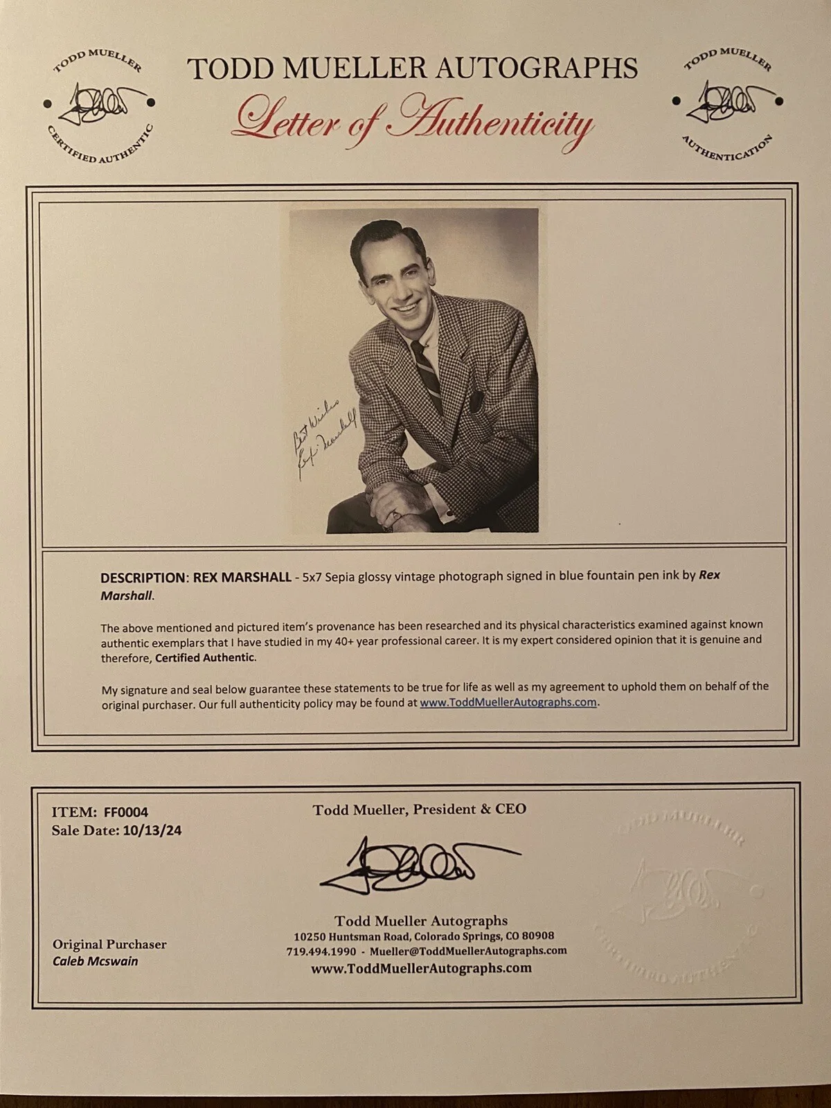 Rex Marshall — Rex Marshall Signed Autographed Photo w COA Suspense Mister Peepers Tom Corbett, изображение 3