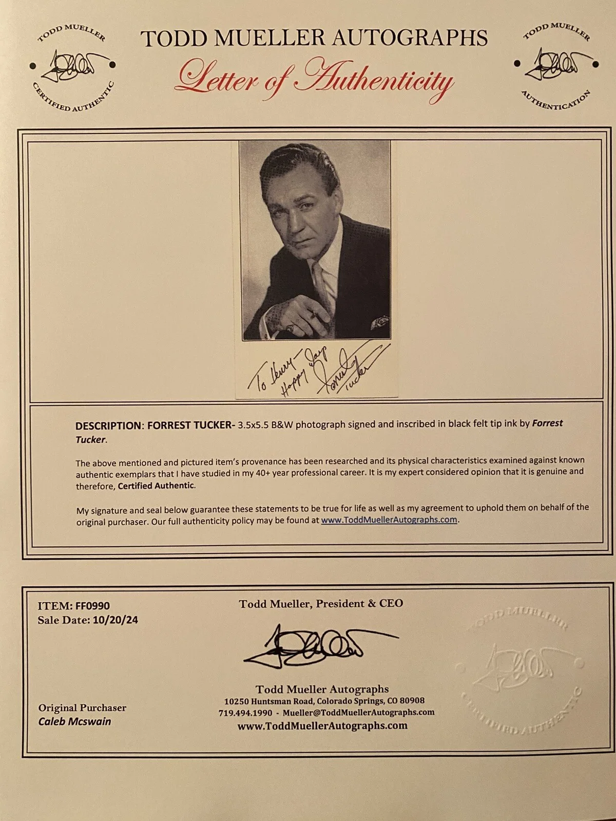 Forrest Tucker — Forrest Tucker Signed Autographed Photo With COA F Troop Chisum Ghost Busters, image 3